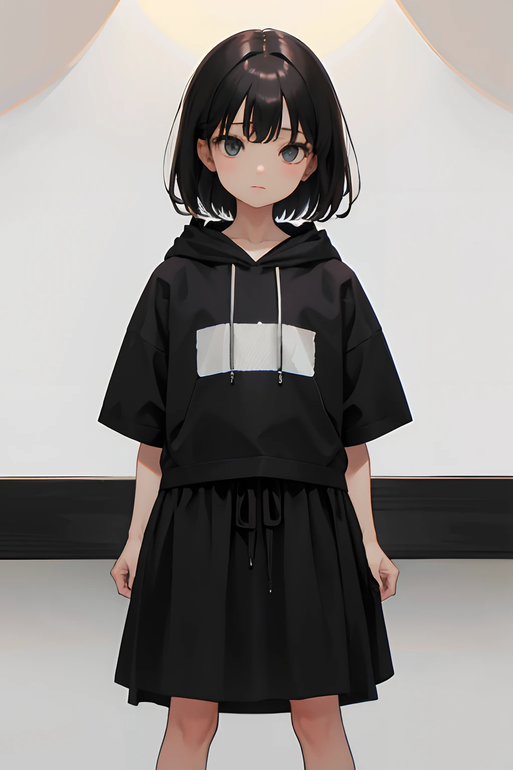 child,(masterpiece,Highest Quality),Short sleeved gray hoodie,skirt by the,A dark-haired,Spy