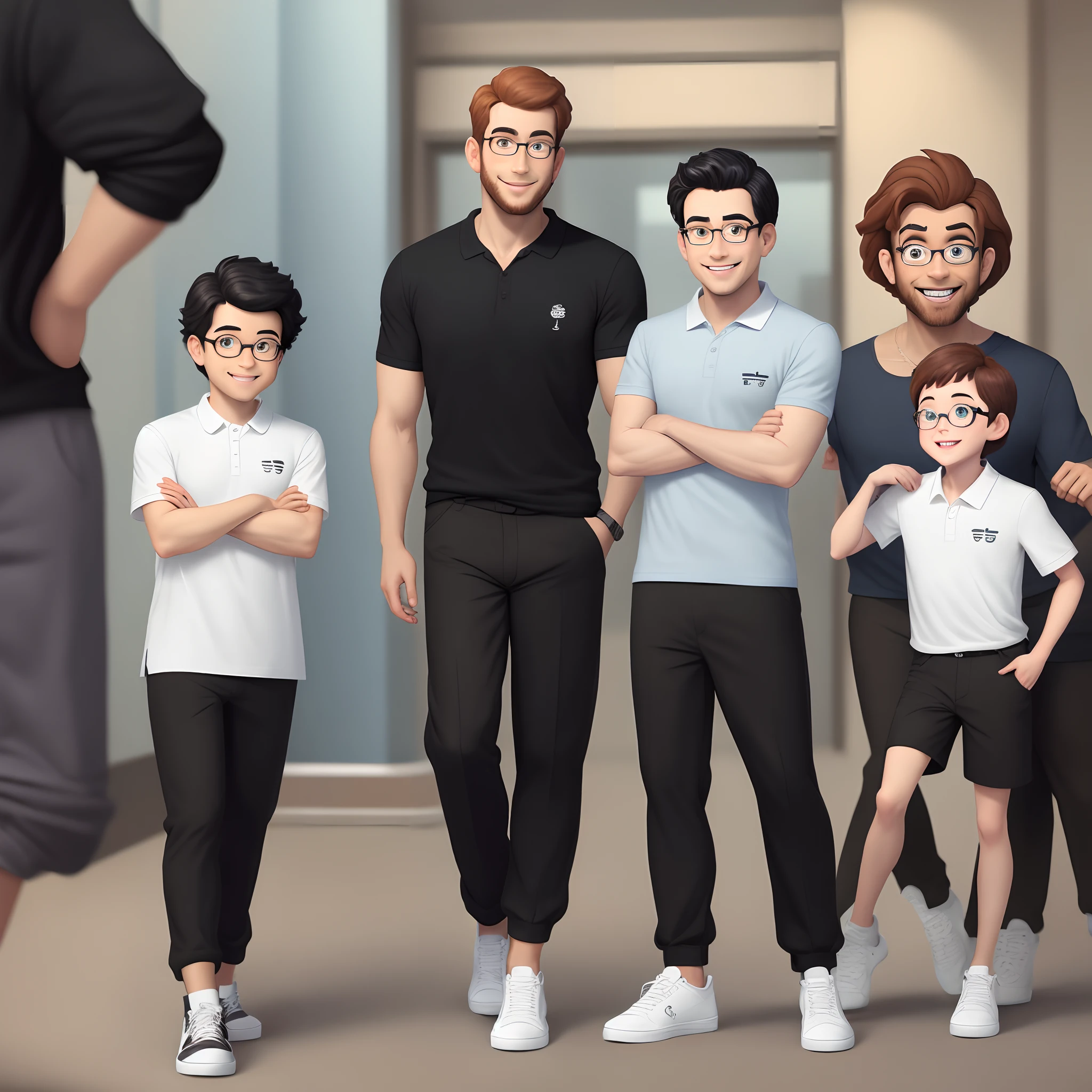 um homem estilo disney pixar, negro de barba curta, cabelo liso, sorrindo, eyeglass, camiseta polo branca, black pant, white sneakers, folded arms