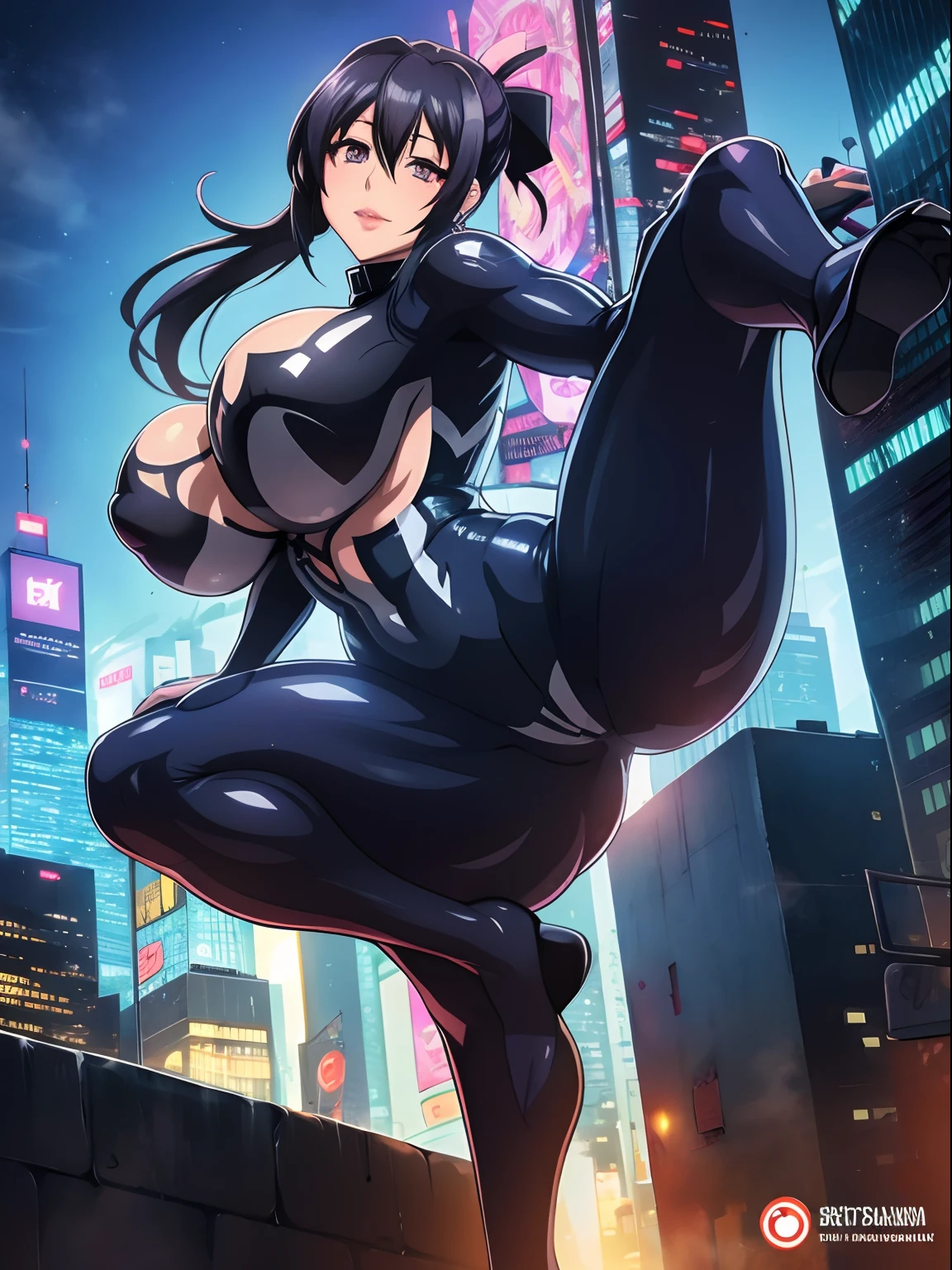 Akeno Himejima, 1girl, (((bimbo))), long black hair, purple eyes, ear rings, (((bimbo))), puffy lips, painted lips, thick lips, wide hips, thick thighs, huge round ass, enormous natural breasts, shiny oily breasts, she venom, skin tight venom suit, full venom body suit, black venom, symbiote, muscular, legs posing, skydiving, in the air, city, cyberpunk, full body, acrobatics,