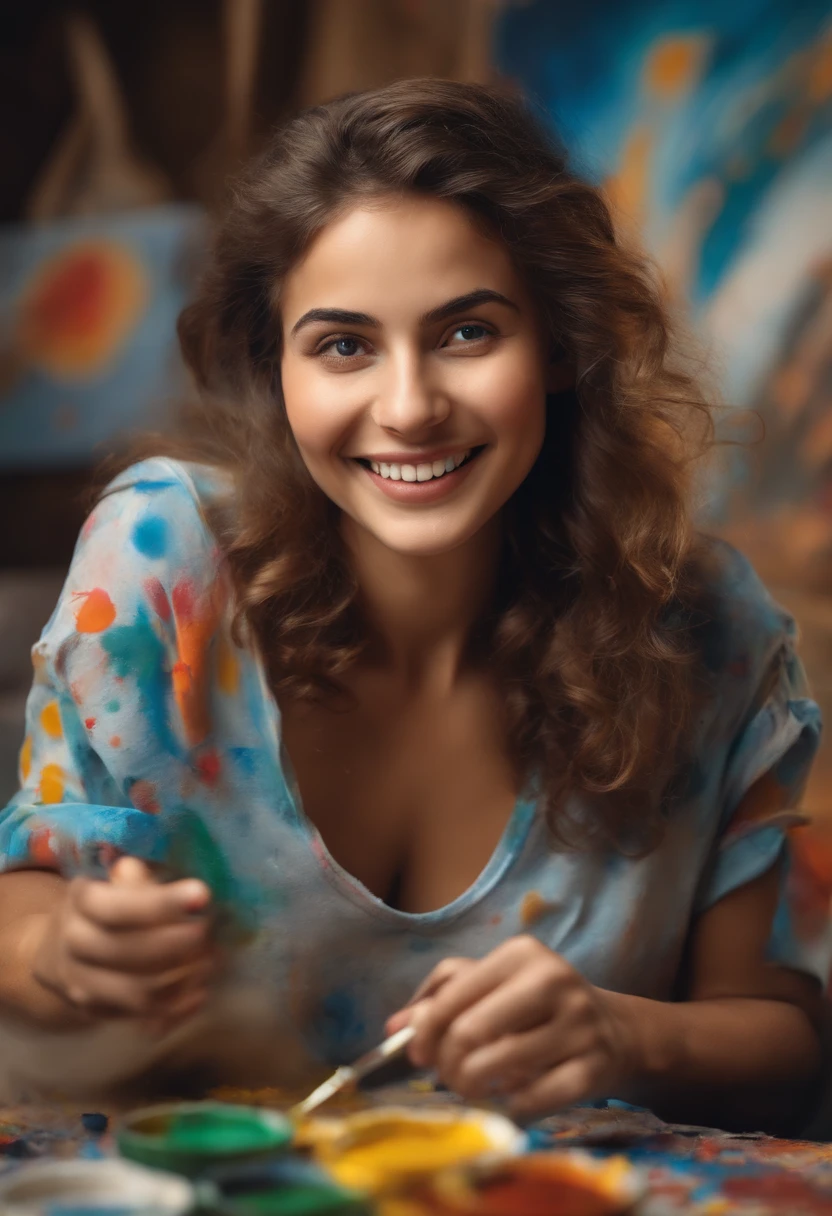(Best Quality,Ultra-detailed),(Realistic:1.37)Girl draws a picture,Smiling,Covered with paint,An impatient expression on his face,Artistic creativity,Joyful,Playful,Happy,expressive,Beautiful bright colors,imagination,Artistic talent,Passion for art,Colorful clutter,paint splatter,paint strokes,The Artist's Move,The Creative Process,Presentation of the final result,inspiration,Artistic creativity,Vivid imagination,Drawing tools,Artist's palette,canvas,Artistic expression,brush strokes,A creative journey,Artistic endeavors,Artistic performance,Creative energy,artistic atmosphere,Artistic creativity,Expressive features,Playful atmosphere,Artistic playfulness,Live Art Scene,Artistic triumph,Dynamic composition,Living works of art,Colorful & Vibrants,The result of artistic expression,Energetic manner of writing,A colorful masterpiece.