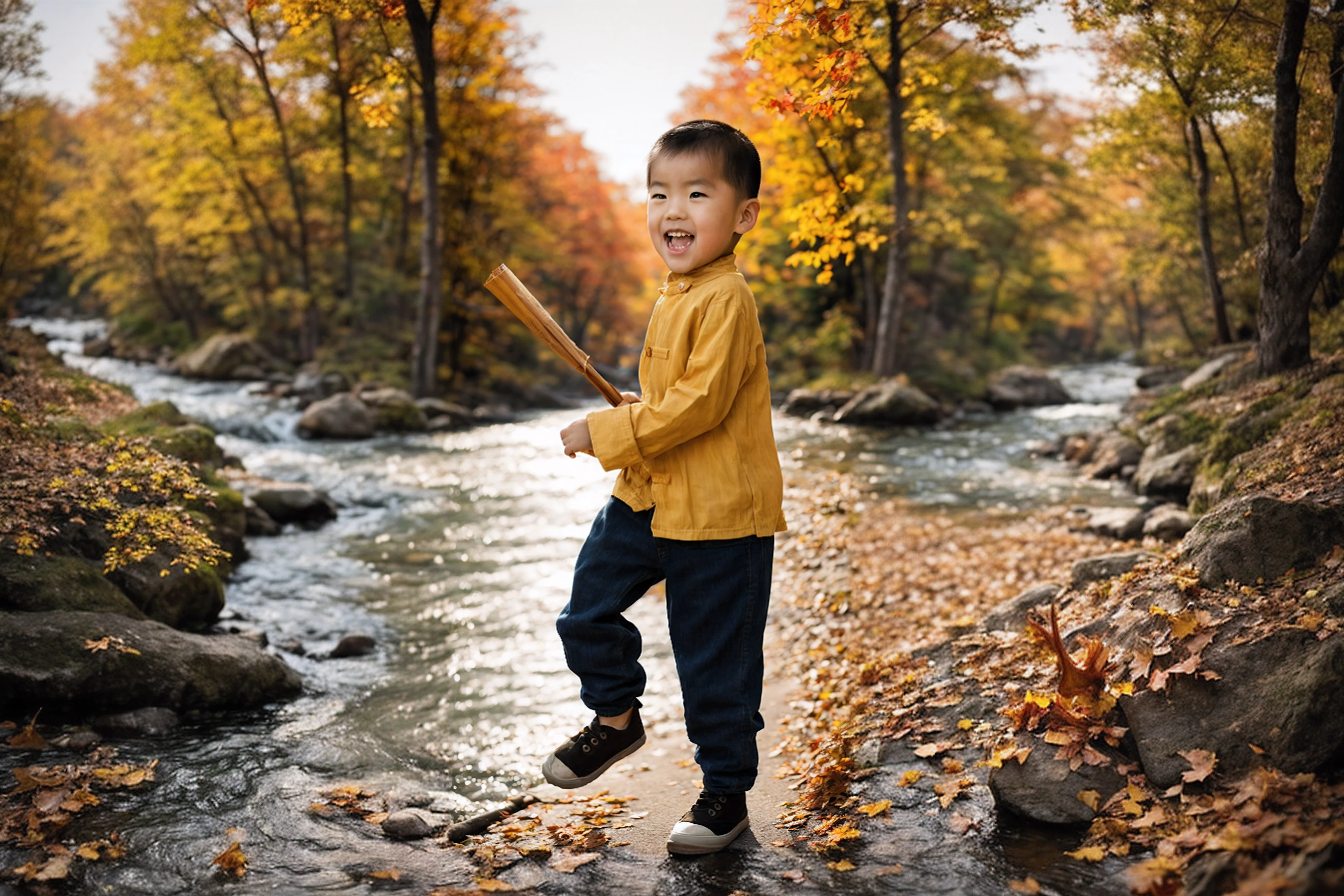 (Autumn, Autumn colors, falling leaf: 1.2), (River with original photo:1.5),golden time, Forest floral background, Flowing streams,   Detailed background,  Original original photo, The subject, Digital SLR, Pastel photos, high high quality, Film particles, Fujifilm X XT3,8K  UHD, Digital SLR, Soft lighting, Film texture,Drama Lighting,