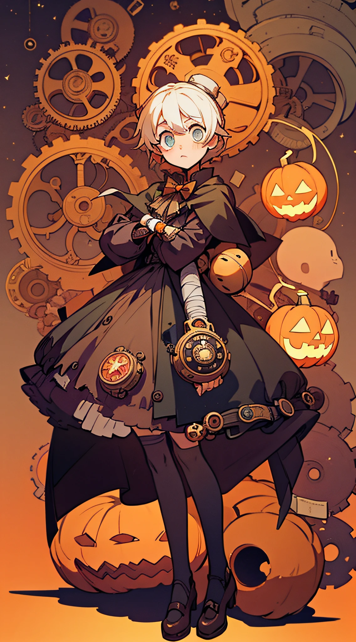 ​masterpiece、oblong、16k accurate depiction、16k accurate depiction、Smooth depiction、A world full of gears and pipes、The world of steampunk、Halloween worldview、Anime type tall beautiful girl、On the head、Wearing a Halloween pumpkin made of countless gears and clocks、Jack-o'-lantern and tea ceremony in cloak and tuxedo、Bright々Beautiful eyes that sparkle、full body Esbian、Gear and watch ornaments、Wear a steampunk-style bandage outfit all over your body、Fairytale atmosphere、Steam is erupting、