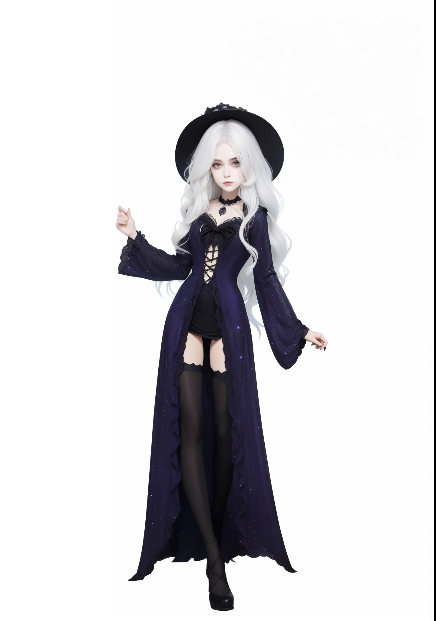 A closeup of a person in a costume with a hat and a dress, Roupas de bruxa astral, ((vestindo manto aristocrata)), personagem bruxa escura, bruxa escura da moda, 1 7 - year - old anime goth girl, lunar themed attire, full body adoptable, No estilo de arte de Bowater, divindade de cabelos brancos, gothic maiden anime girl, !!retrato de corpo inteiro!!