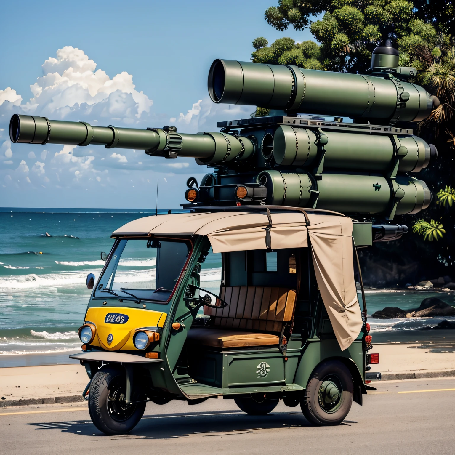 No roof、Tuk Tuk、Autorickshaw、((It was equipped with a 65mm gun、Wave Cannon))、feathered、