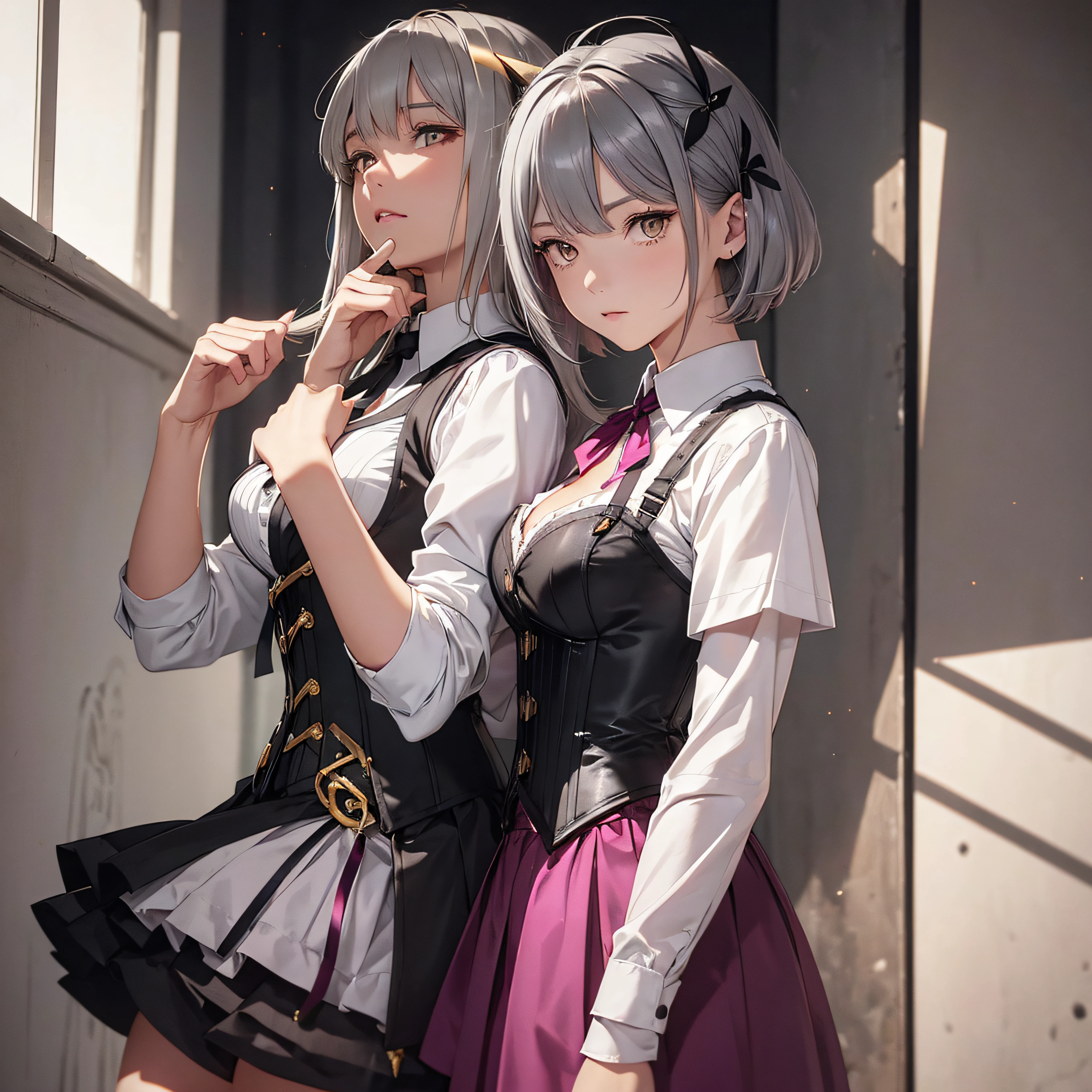 Girls, Gray-haired, short-haired, yellow eyes, Small breasts, cat hair ornament, side locks, Gray-haired, Shiny hair, uniform, (Golden Eyes: 1.2), (Two long triangular extensions at skirt, Best corset for the stomach), White buttons on vest corset, (Short sleeve strip shirt under vest corset), (Sleeves end close to the arm), (thick ribbon of black color on the neck,), ( Short Magenta Skirt), --auto