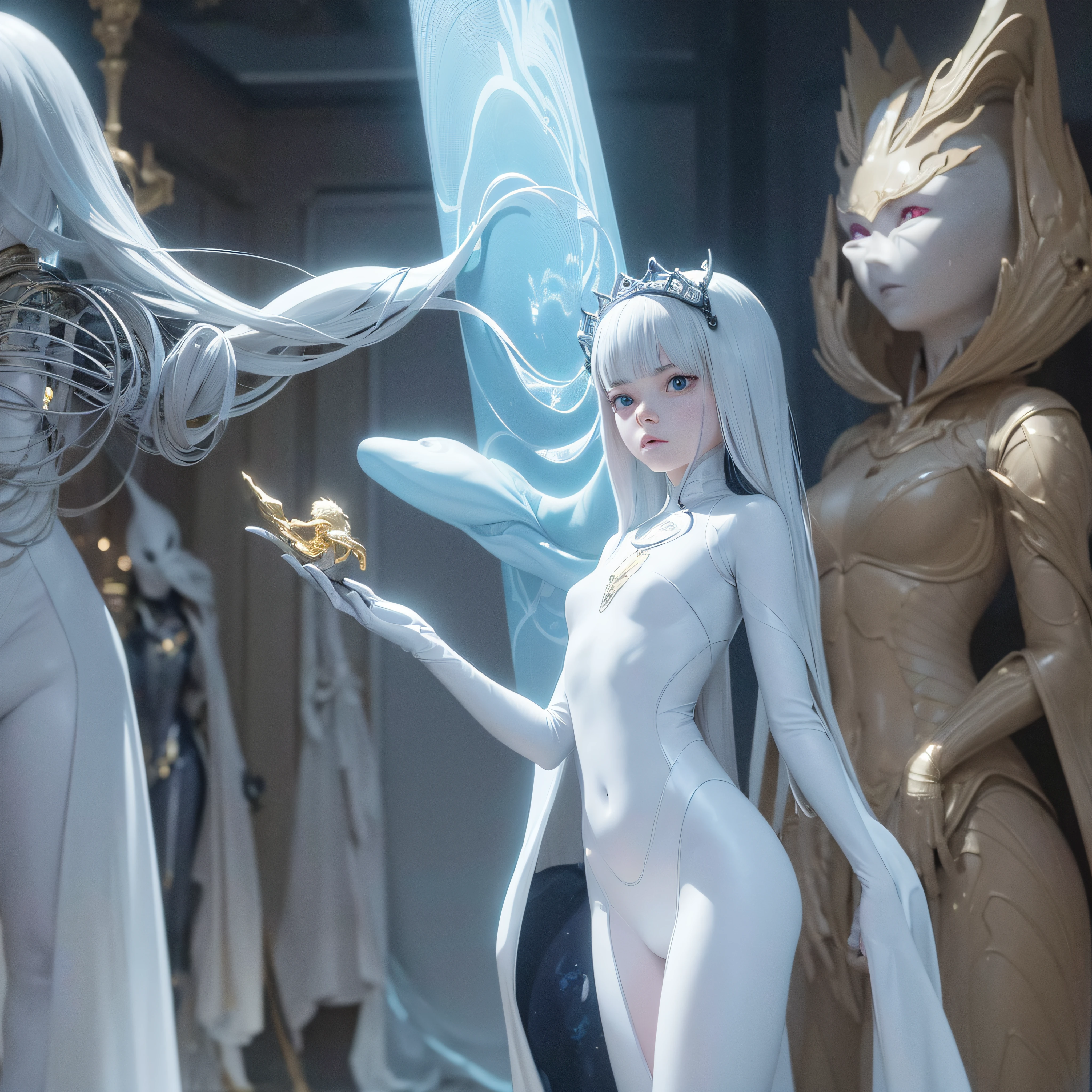 A woman stands in a room full of alien statues, elle fanning as an android, 2 0 2 1 Cinematic 4K Frame Grab, James Jean and Phoenix Zhong, eiko ishioka, promotional still, porcelain, birch, Makina - AR 16:9 --auto