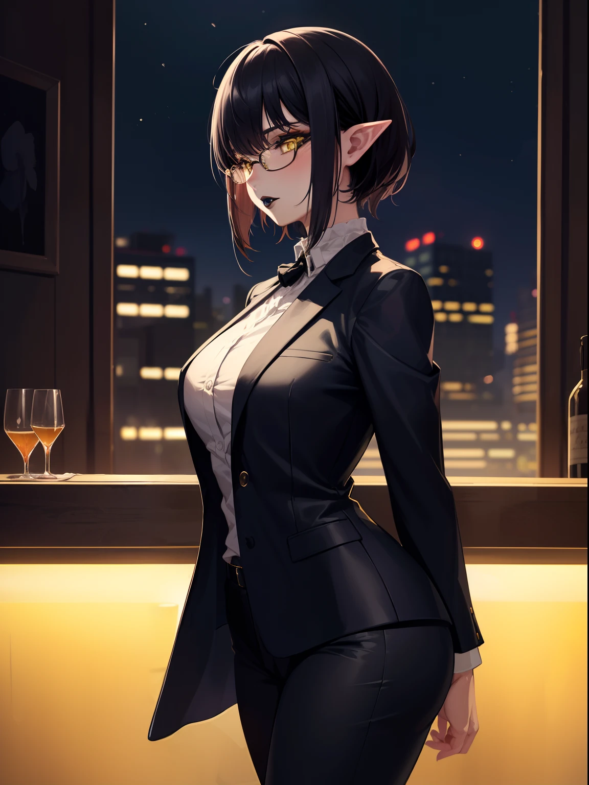 highres, masterpiece, perfect ligthing, bloom, cinematic lighting, adult, perfect skin, female,1girl,solo,black hair,half buzzcut,yellow eyes,pointy ears,makeup, black lipstick ,mature woman, bar,standing,arms behind back,night, glasses, suit,pants,cowboy shot