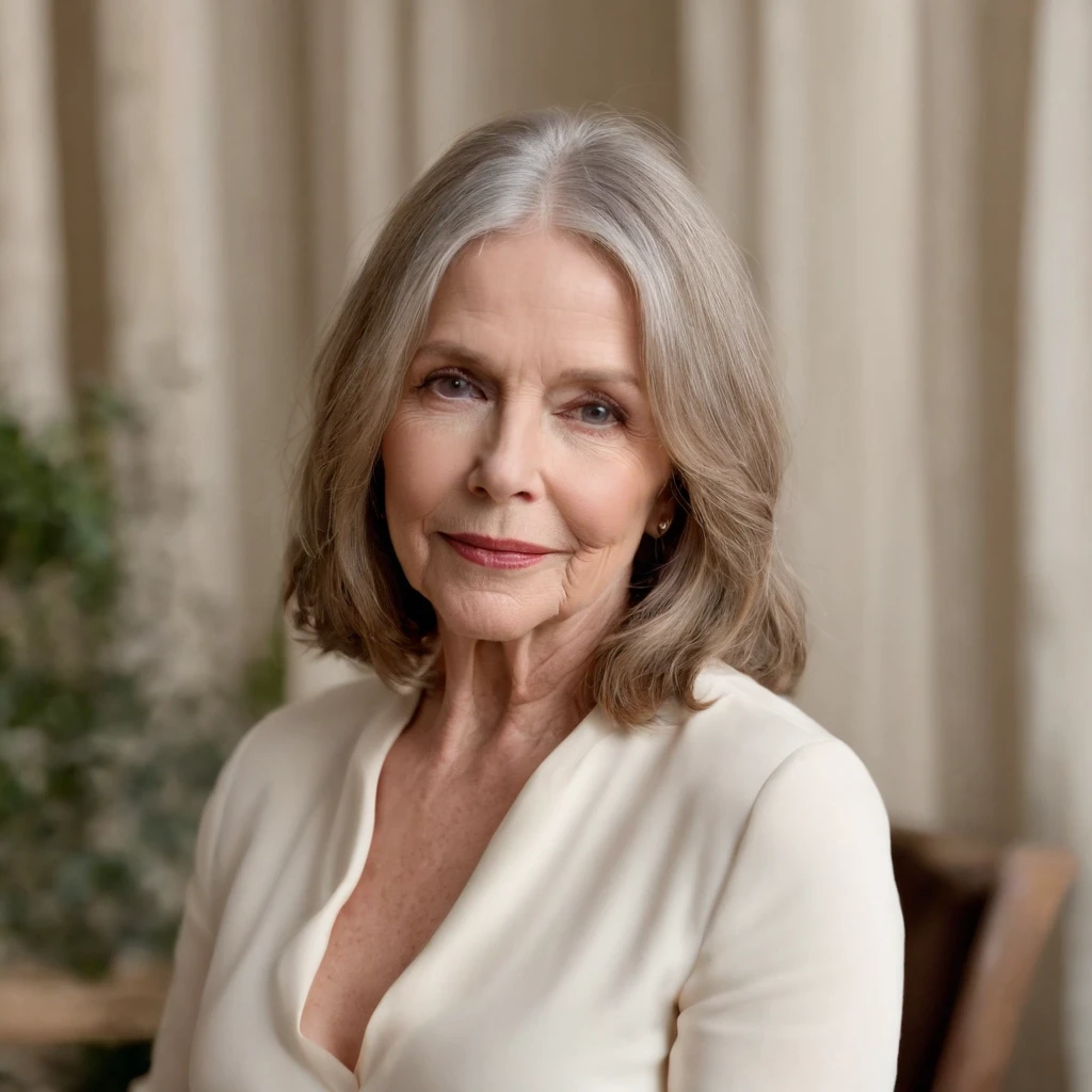 70 yrs old Diane Keaton, closeup cleavage,photography of,k hd,looks into camera,is shy,Dark background,soft warm light,deep shading,Expensive cameras,Portrait film,winning artwork,tmasterpiece, nude perfect tits, big beautiful ass