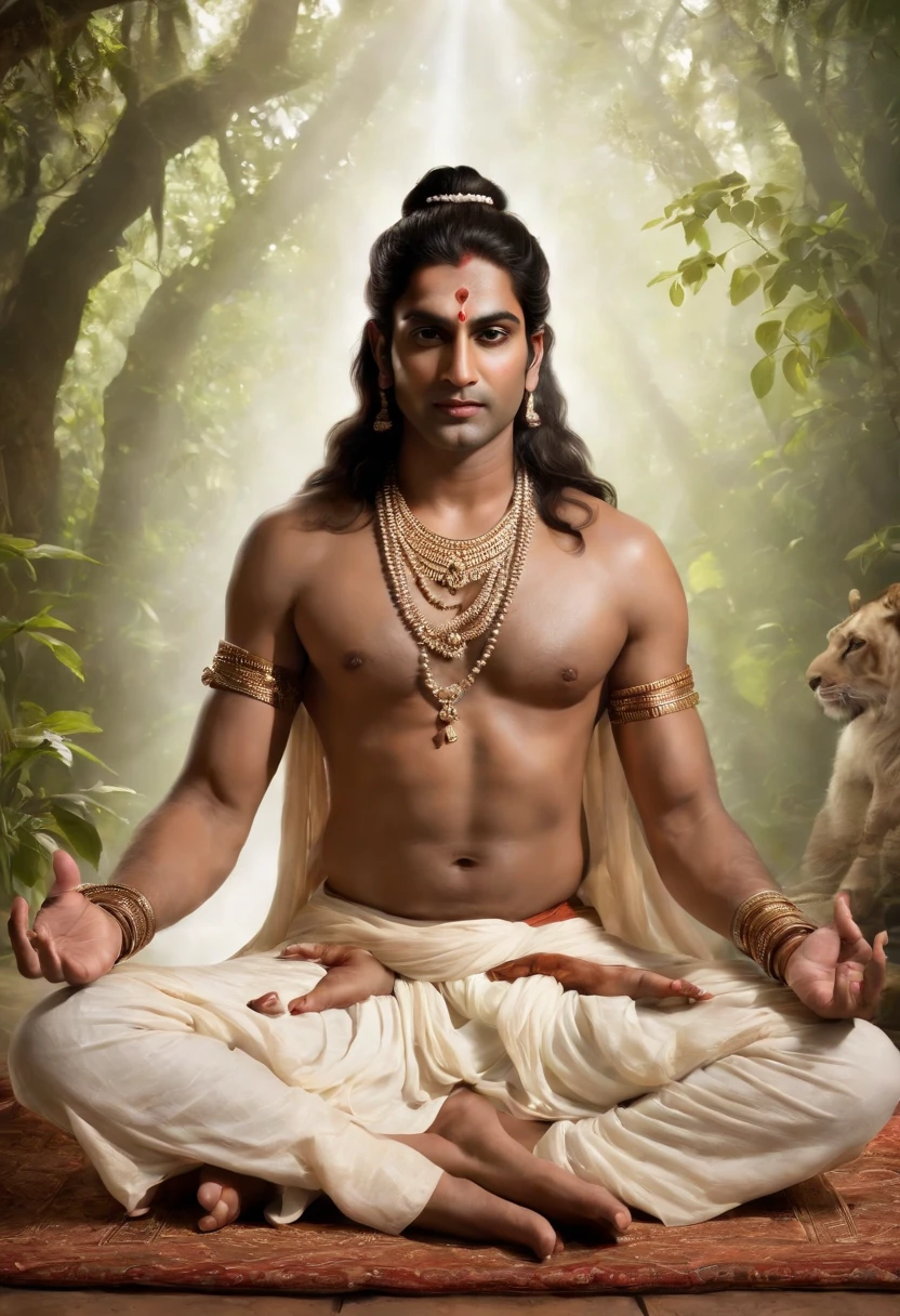 A hyperrealistic digital painting of Lord Shiva seated in Padmasana on a tiger skin rug, with his eyes closed in meditation. He is wearing a white dhoti and a rudraksha mala. His body is covered in ash and his hair is long and matted. He is surrounded by a halo of light and a snake is wrapped around his arm.