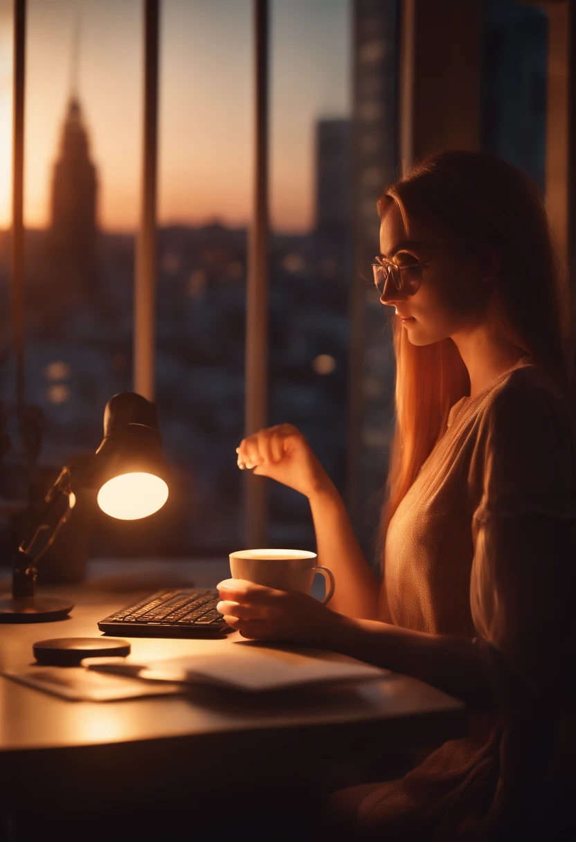 16:9 anime girl working on pc. cup of coffe and lava lamp on table. window with city background.