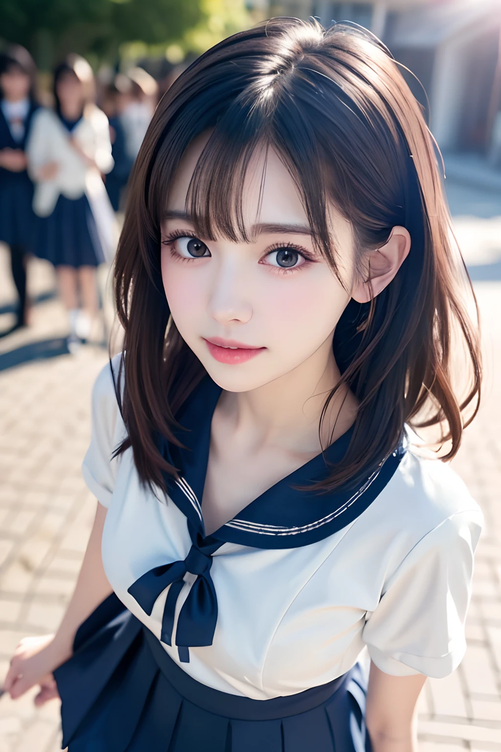(Highly Detailed CG Unity 8k Wallpaper), (Masterpiece), (Best Quality), (Super Detailed), (Best Illustration), (Best Shadows), (Photorealistic: 1.5), (PureErosFace_V1: 0.5 ), real human skin, lens flare, shade, backlight, flower, depth of field, natural light, hard focus, film grain, staring at viewer, one girl, 21 years old, solo, skinny, pale skin, soft nice lips, (light eyebrows: 1.4), shiny brown eyes, black very long straight hair, small chest, beautiful detailed sky, detailed west garden (crowd: 1.2), sunshine, (nose blushed), beautiful detailed eyes, white Japanese school uniform, sailor suit, dark red pleated skirt, sneakers