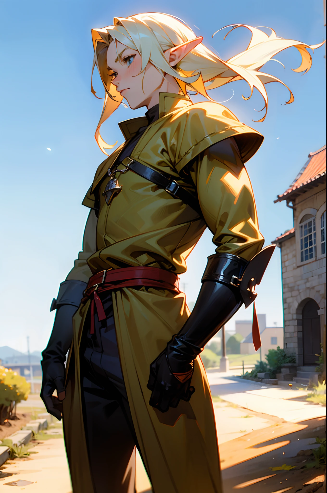 Anime Elf boy. Standing at the dirt road. Medieval city. masterpiece, 8k, ultrasharp, supersharp, perfect anatomy, perfect body, mature male face, blue sky,