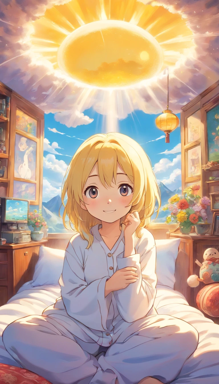 heal,Reject EMO,Very happy,Very happy,Face life with a smile,rays of sunshine,long whitr hair,Cloud pajamas,Cloud Room,Snowman pillows