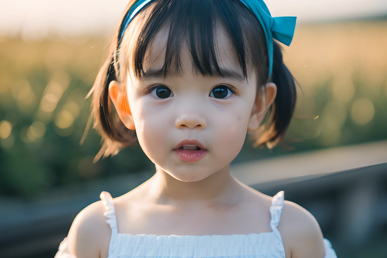 in 8K、top-quality、​masterpiece、realisitic、The ultra-detailliert、a picture、nffsw、hight resolution、absurderes、cute  face、bobhair、  1 人、(((toddlers、Face of a 3-year-old))),Lori、portlate、wearing white dress,bare-legged、japanes、Put your face and upper body in、Focus on the face、profetional lighting,