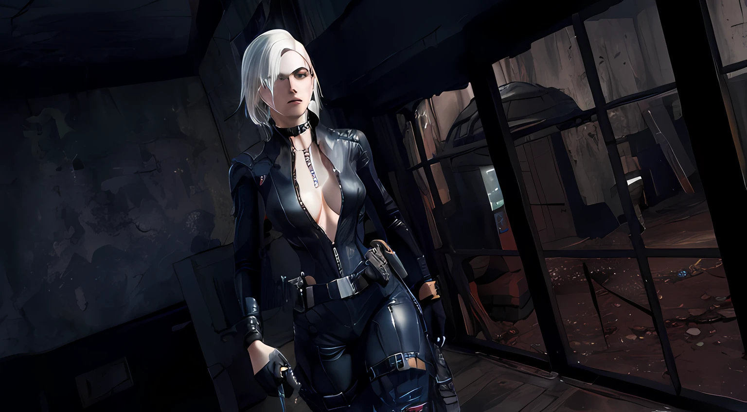 In einem Raum steht eine Frau in einem schwarzen Lederoutfit, in a dark space mercenary outfit, Cyberpunk femme fatale, schwarze Katze, Wearing leather assassin's armor, Weibliche Hauptfigur, Female Rouge Assassin, Gothic-Cyberanzug, Jetstream Sam von Metal Gear, Assassin, Cyberpunk-Outfits, Weiblicher Charakter, Cyberpunk-Outfit, Schwarzer Kanarienvogel, Glamouröse Jill Valentine