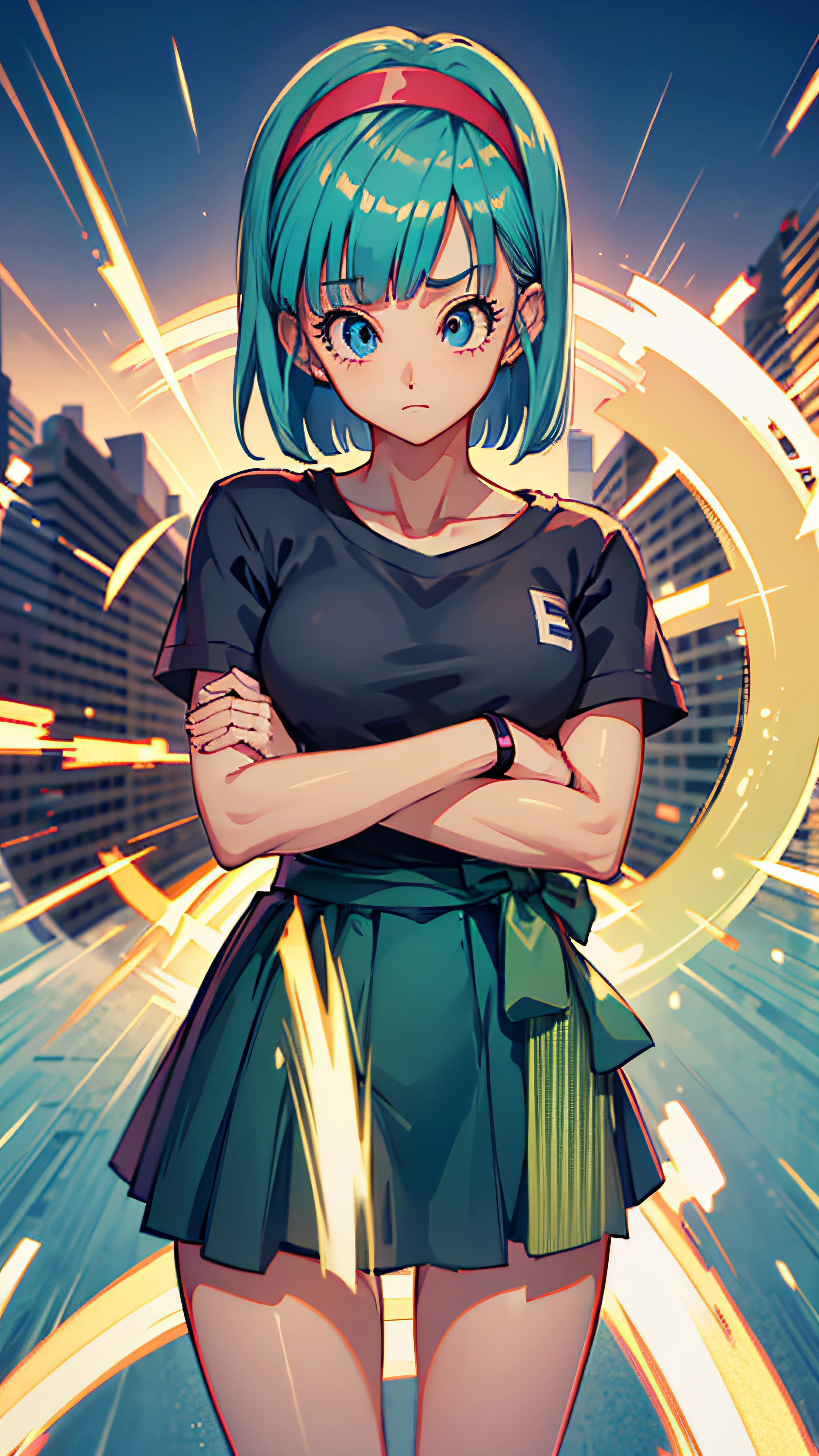 Beautiful girl is happy and looking at the viewer, dragon ball, blmmid, aqua hair, medium hair, blunt bangs, red hairband, medium breasts, shirt, skirt, sad expression, medium breasts, pose fofa,anime ,master part,8k,Ultra-high-quality HDR, City particles in the air