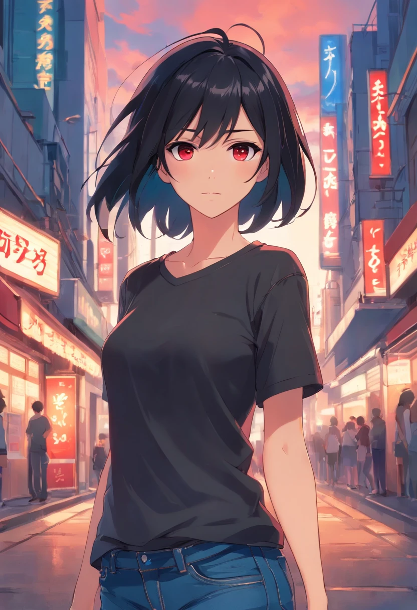 A good looking anime girl with black hair, red eyes. Black shirt and jeans, with a big chest under the shirt
