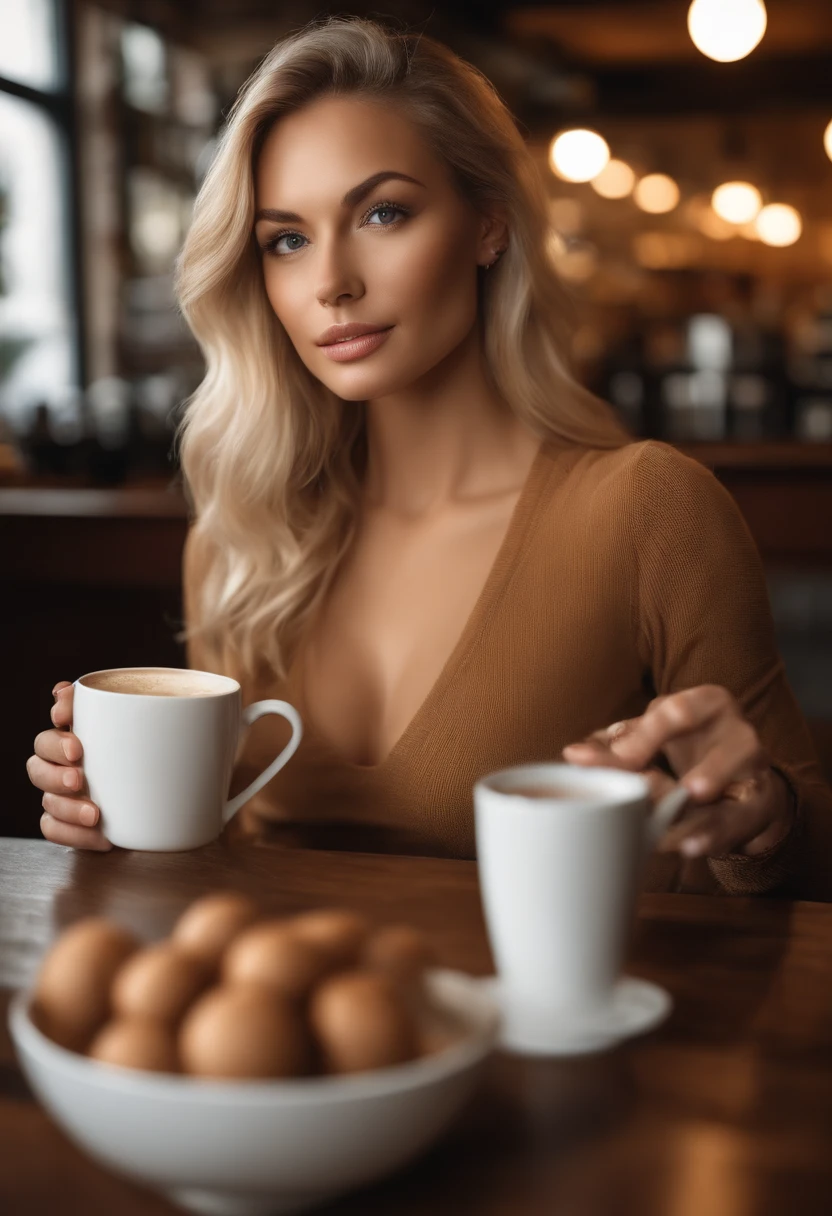 photoreallistic, Best quality, hyper detailed, belle femme aux cheveux blonds naturels, Photo selfie, Haut du corps, seulement, wearing casual clothing, dedans, (Matin), coffee shop, coffee cup, (relaxed), skin texture with 30G perky breasts visible under clothing, grain du film, Gros plan, ultra highres, Meilleure ombre, .RAW, instagram LUT, Breakfast, snorter