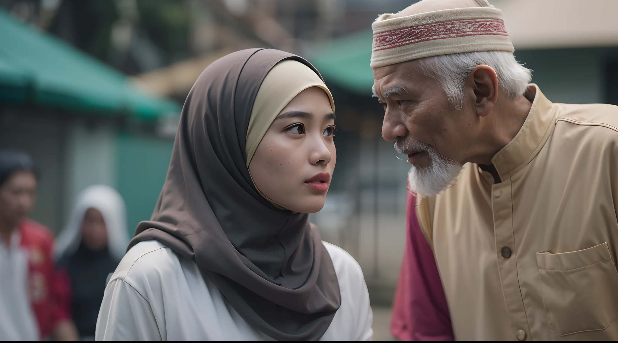 a film still of 1 malay girl in hijab and 1 malay old man in sport attire having an argument in malay village, 35mm, over-the-shoulder shot,cool-toned color grading, depth of field cinematography effect, Natural Lighting, high quality, ultra detail, 8k resolution, --ar 16:9 --seed X