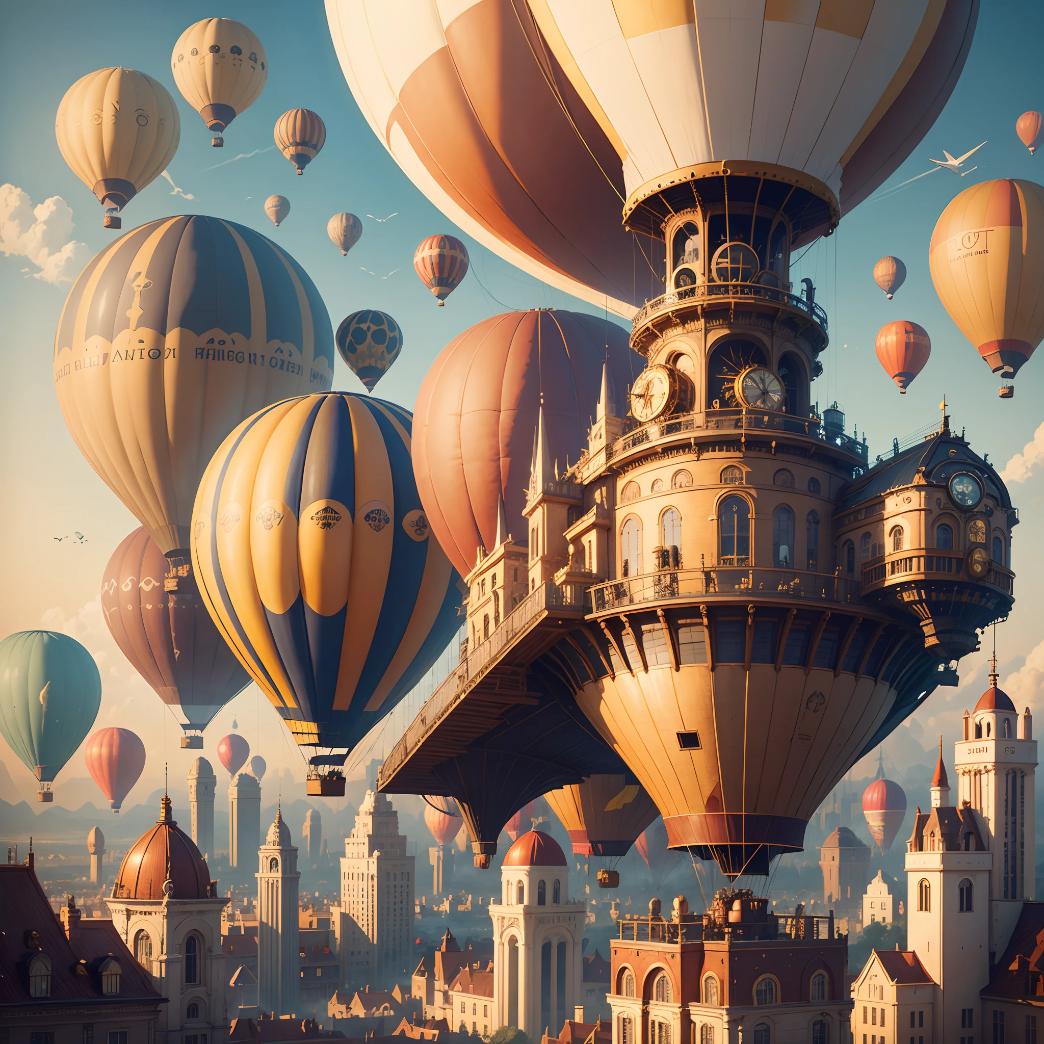 there is a large air balloon flying through the sky with a city on it, steampunk hot air balloon, airship in steampunk, digital steampunk art, steampunk airship, steampunk digital art, high quality steampunk art, steampunk air haven, steampunk aesthetic, steampunk art, steampunk airship!!!!!!!, steampunk zeppelin, steampunk imagery themed, as an air balloon, airship
