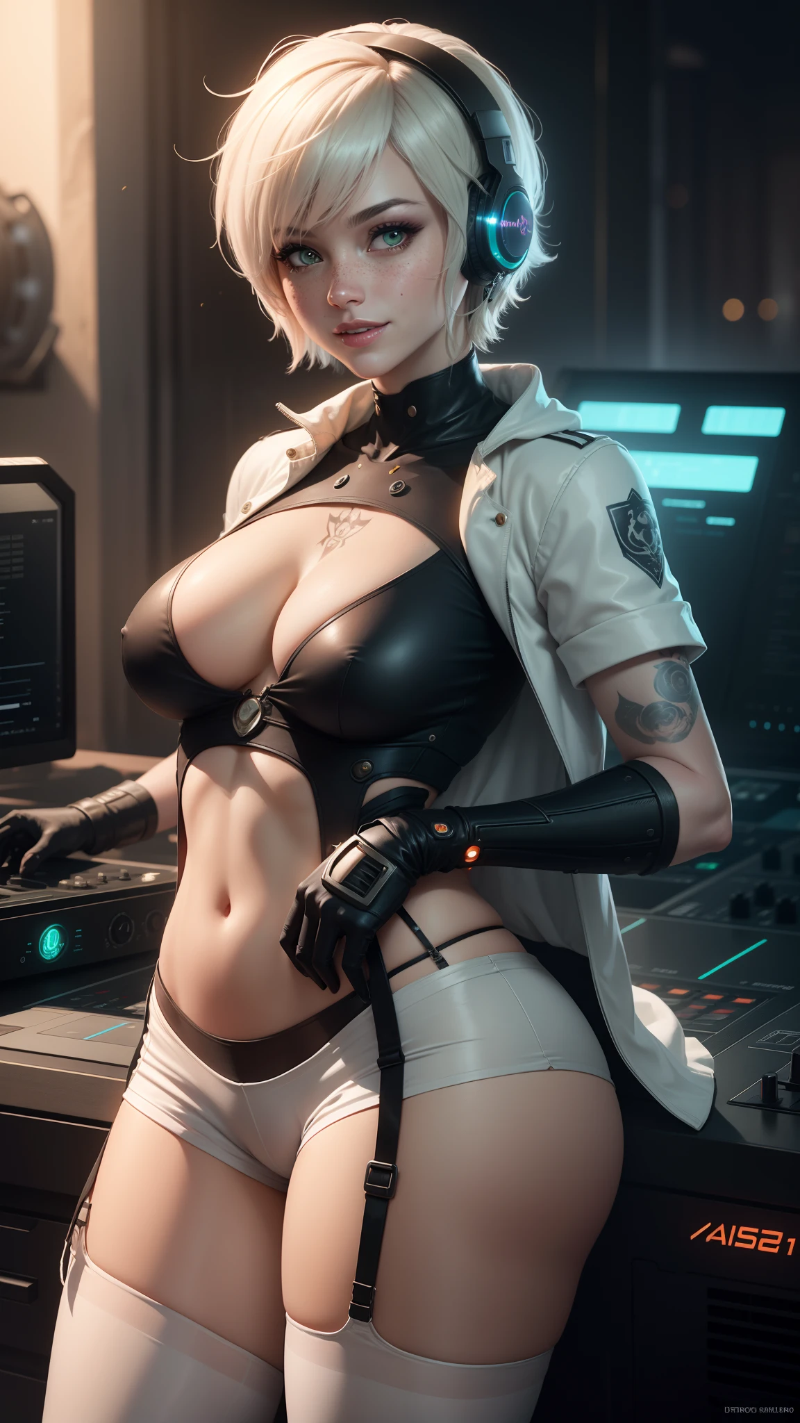 gwen tennyson,tracer,y'shtola rhul, yorha 2b,rebecca chambers,nier automata,overwatch,close up,mecha pilot,night club,tattoos,rose and silver plugsuit,white short sleeve top,white lycra micro shorts,garter belt,uncovered belly,short hair,cute makeup,green eyes,dimensional golden hair,sexy smile,freckles,beautiful girl,large breasts,8k,ultra detailed,realistic,fantasy art,glowing rose cyborg armor,dj mixer, dj headphones,big speakers,bunny suit, bunny tail,ear piercings,saiyan girl,saiyan female,white short sleeve techno jacket,