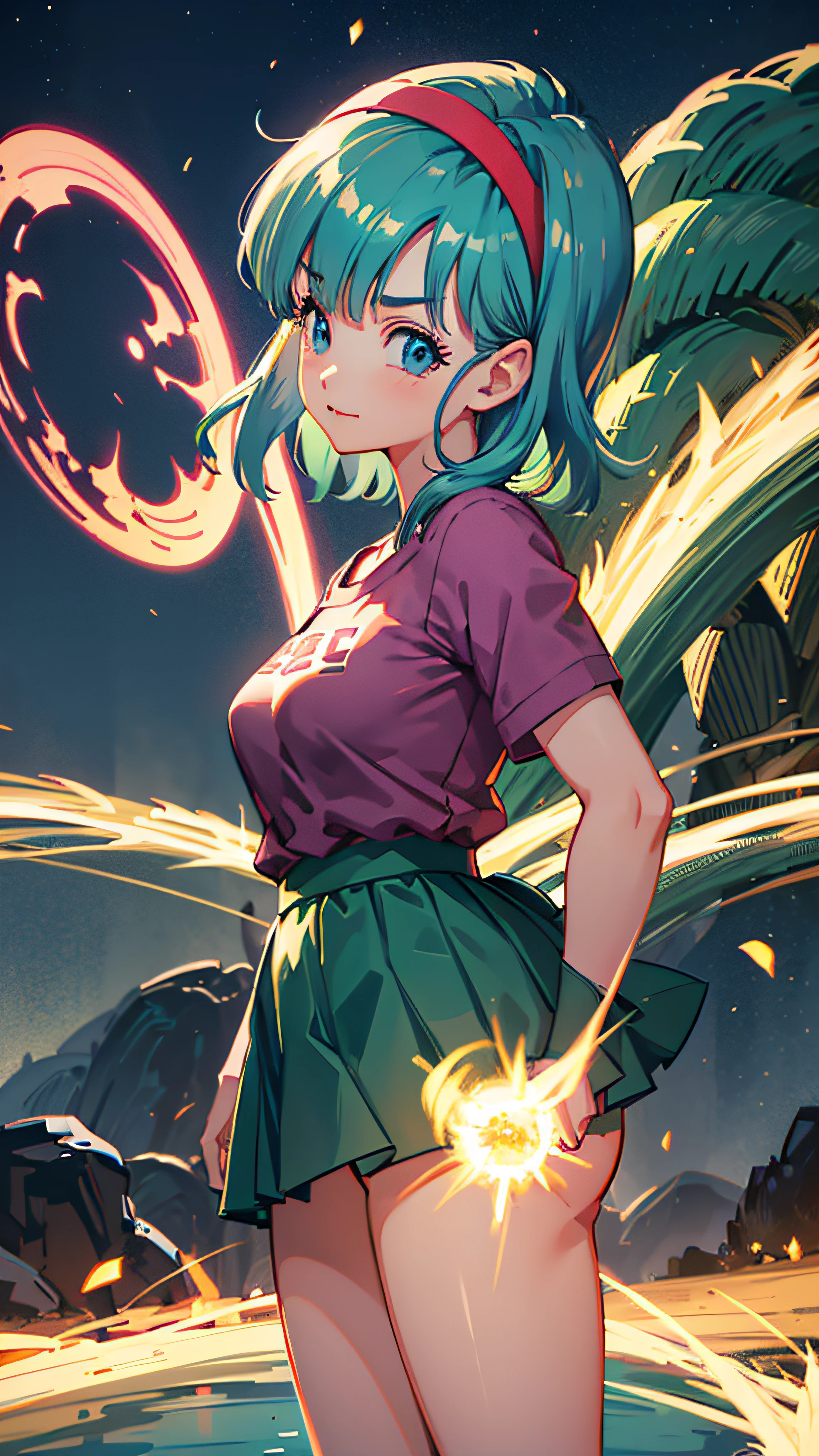 Beautiful girl is happy and looking at the viewer, dragon ball, blmmid, aqua hair, medium hair, blunt bangs, red hairband, medium breasts, shirt, skirt, sad expression, medium breasts, pose fofa,anime ,master part,8k,Ultra-high-quality HDR, City particles in the air