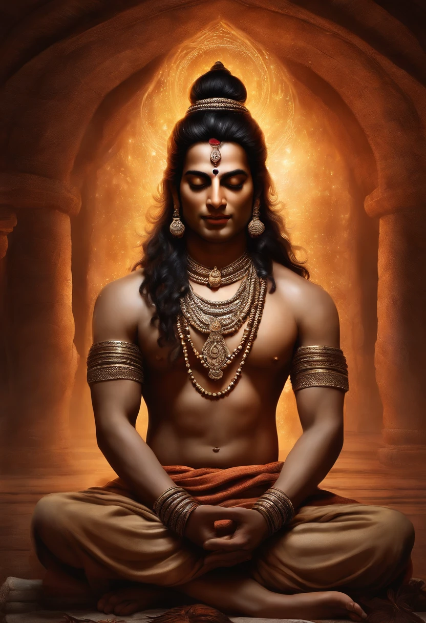 A hyperrealistic digital painting of Lord Shiva seated in Padmasana on a tiger skin rug, with his eyes closed in meditation. He is wearing a white dhoti and a rudraksha mala. His body is covered in ash and his hair is long and matted. He is surrounded by a halo of light and a snake is wrapped around his arm.