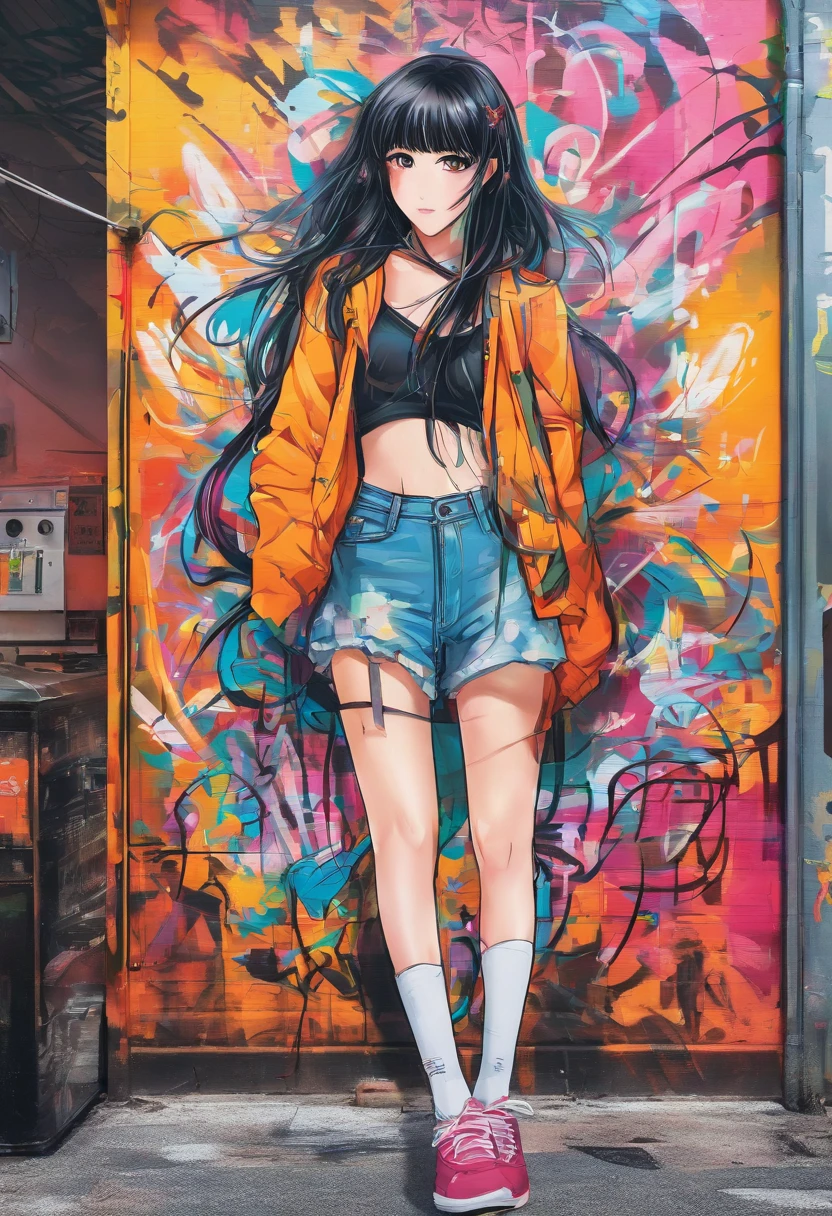 Oil Style、digitalart、1990s anime style、Black hair Long hair straight、Japan beautiful girl、18year old、blunt bangs