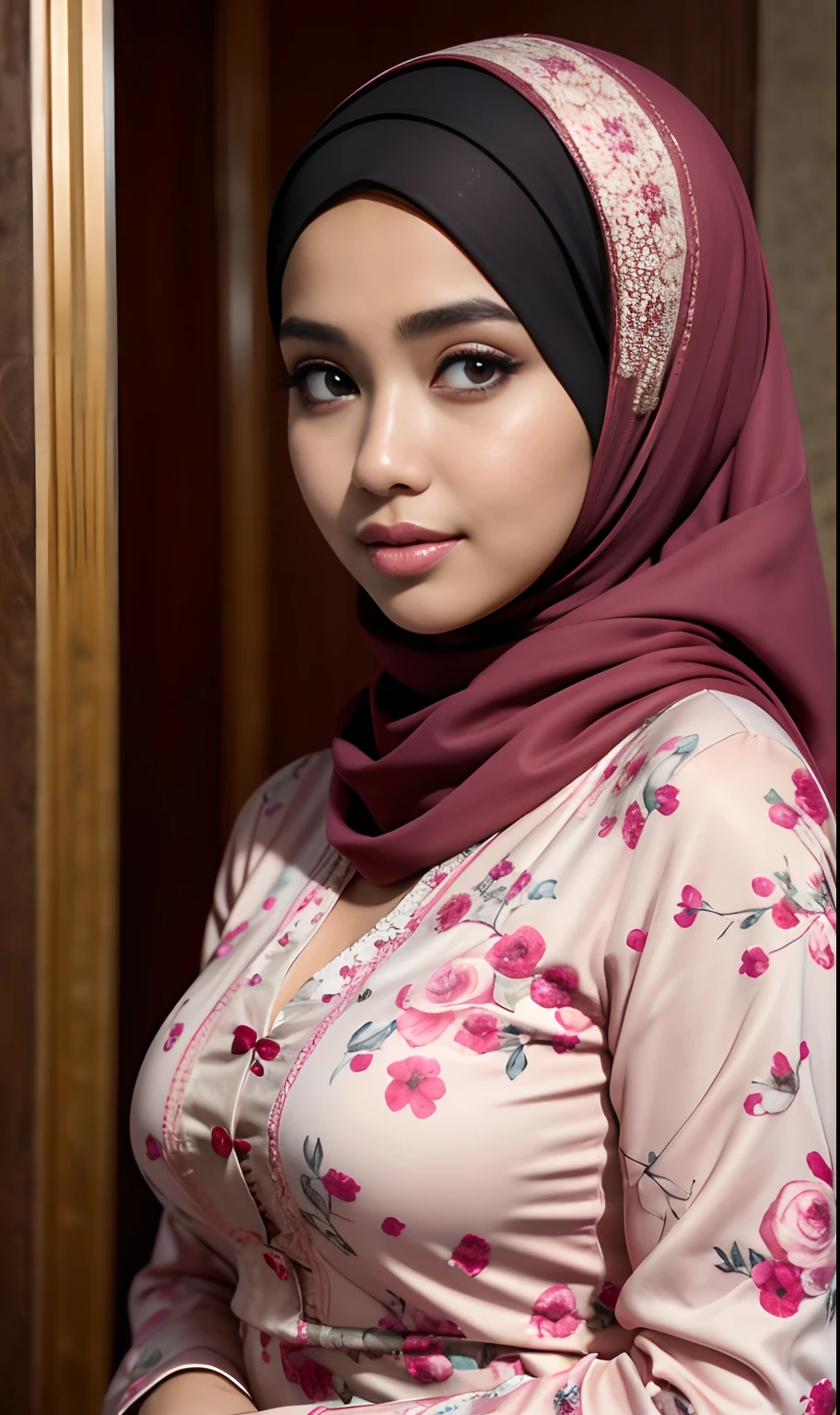 ((Close up)),1 Malay girl, modern plain hijab, shy, medium portrait, watery eyes, pink glowing particles, wearing kebaya covering the entire chest,pastel pink, (Standing:1.2),big breasts, pink light bokeh background, well-proportioned body,