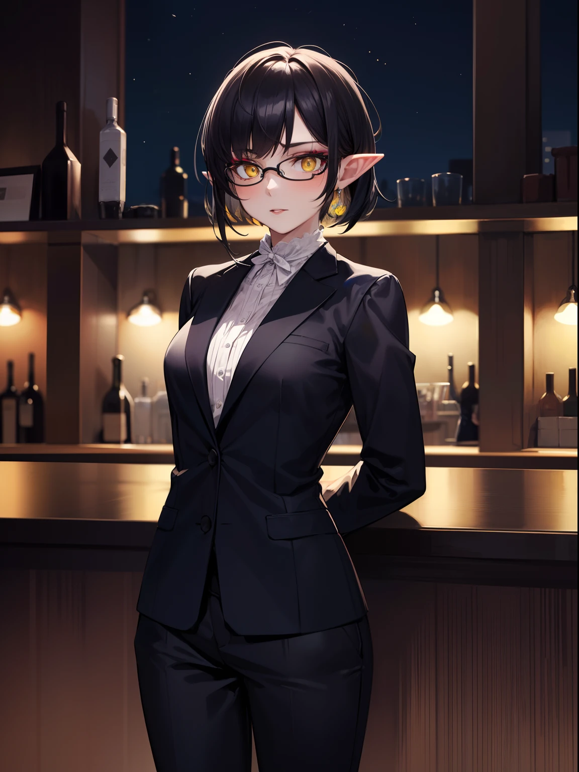 highres, masterpiece, perfect ligthing, bloom, cinematic lighting, adult, perfect skin, female,1girl,solo,black hair,half buzzcut,yellow eyes,pointy ears,makeup, black lipstick ,mature woman, bar,standing,arms behind back,night, glasses, suit,pants,cowboy shot,wind hips,looking at viewer