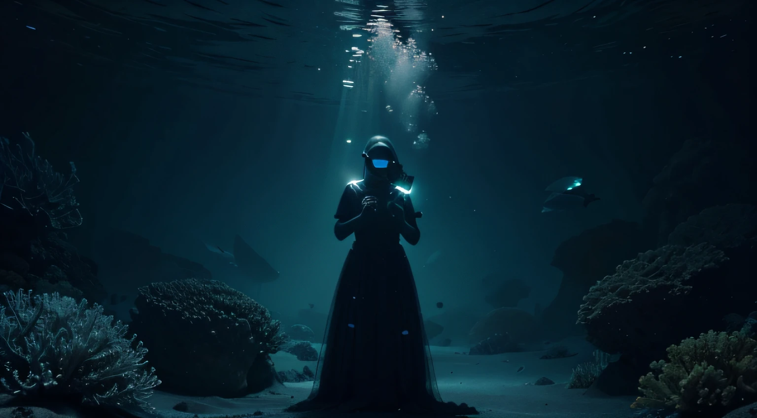 Design a surreal underwater realm with bioluminescent creatures and a diver lost in the depths, their identity shrouded by the surrounding darkness