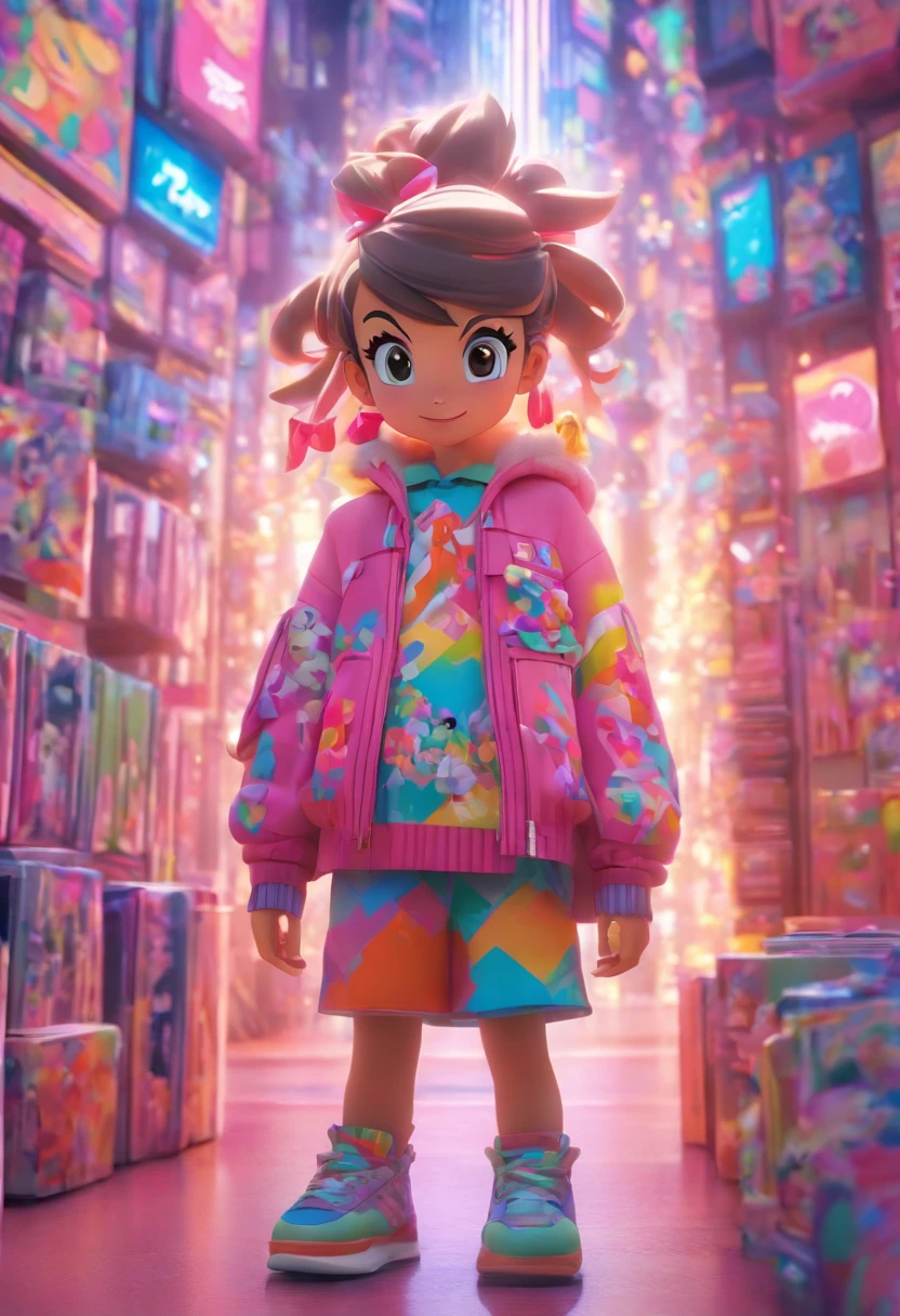 lente grande angular, Disney Animation, Obra de arte 3D, Pink Camera and Backpack, Colorful striped sweater with floral patterns and a bow, exibindo brancos perolados, Doces olhos sorridentes, blocos de cores brilhantes, Estilo hip-hop, material imitado, vivid color scheme, cenas ao ar livre, The focal length of the background is 35mm f1.2, c4d, Liquidificador, Renderizador OC, Detalhes altos8k