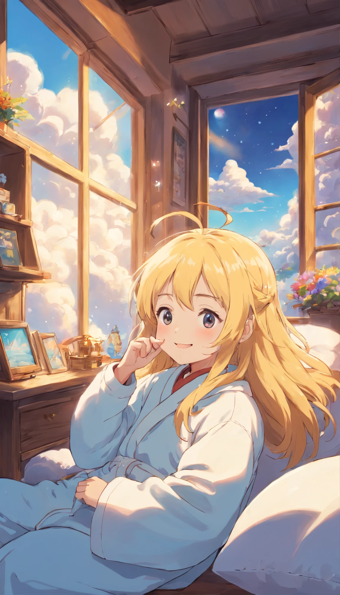 heal，Reject EMO，Very happy，Very happy，Face life with a smile，rays of sunshine，long whitr hair，Cloud pajamas，Cloud Room，Snowman pillows