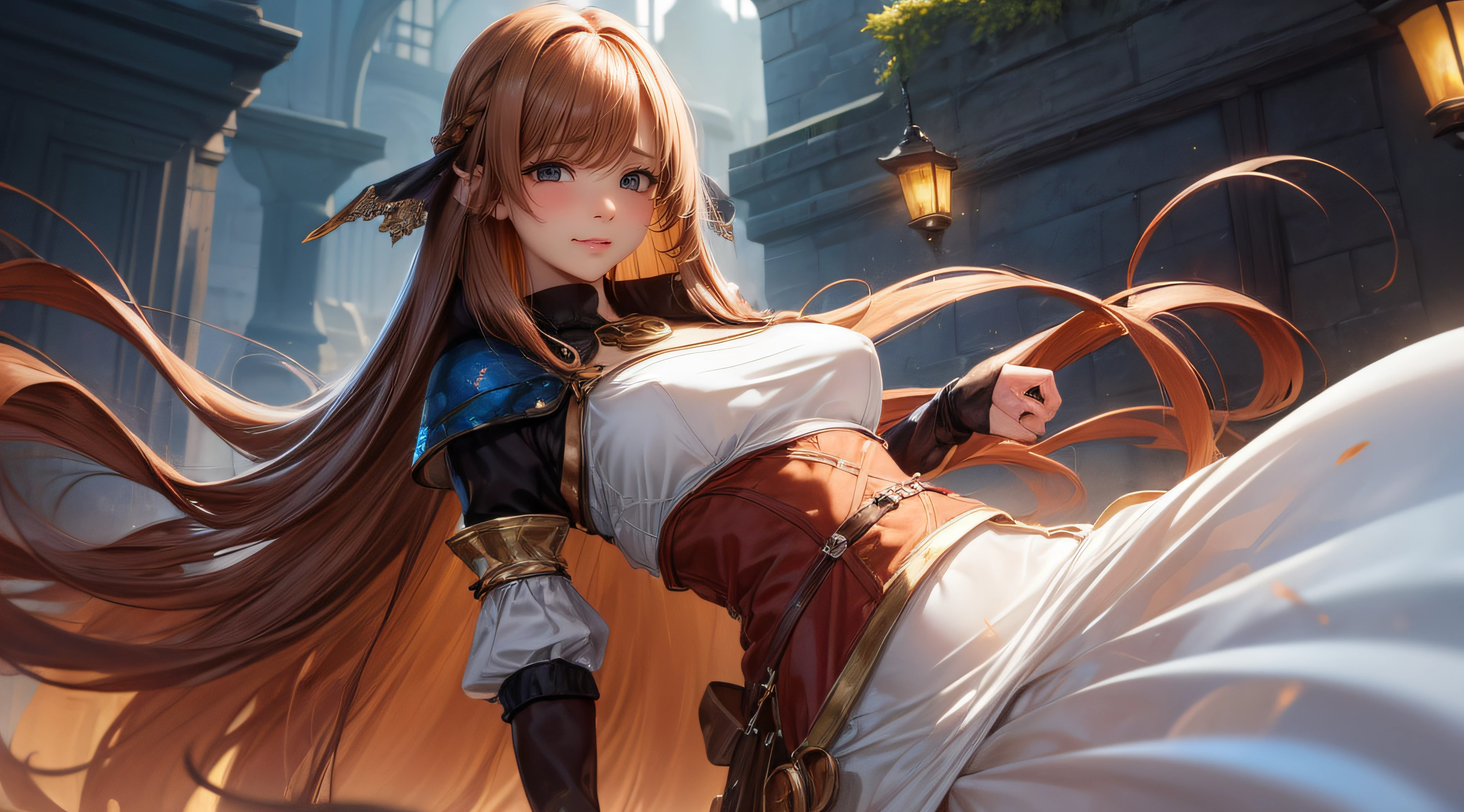 ((looking at viewer:1.5)),((1girl:1.5),curvy,petite,beautiful breasts,large breasts,pale skin,(erect nipples)),((long hair),(thin hair:1.8),(straight hair:1.5),(Swept bangs:1.5),(extra light coppery amber hair:1.5),(hair over one eye:1.2)),((realistic),8k,ultra HD,high resolution,best quality,masterpiece,(Sense of presence:1.5),(Dynamic:1.5),(bold:1.5)),((clothed:1.5),(fantasy:1.5))