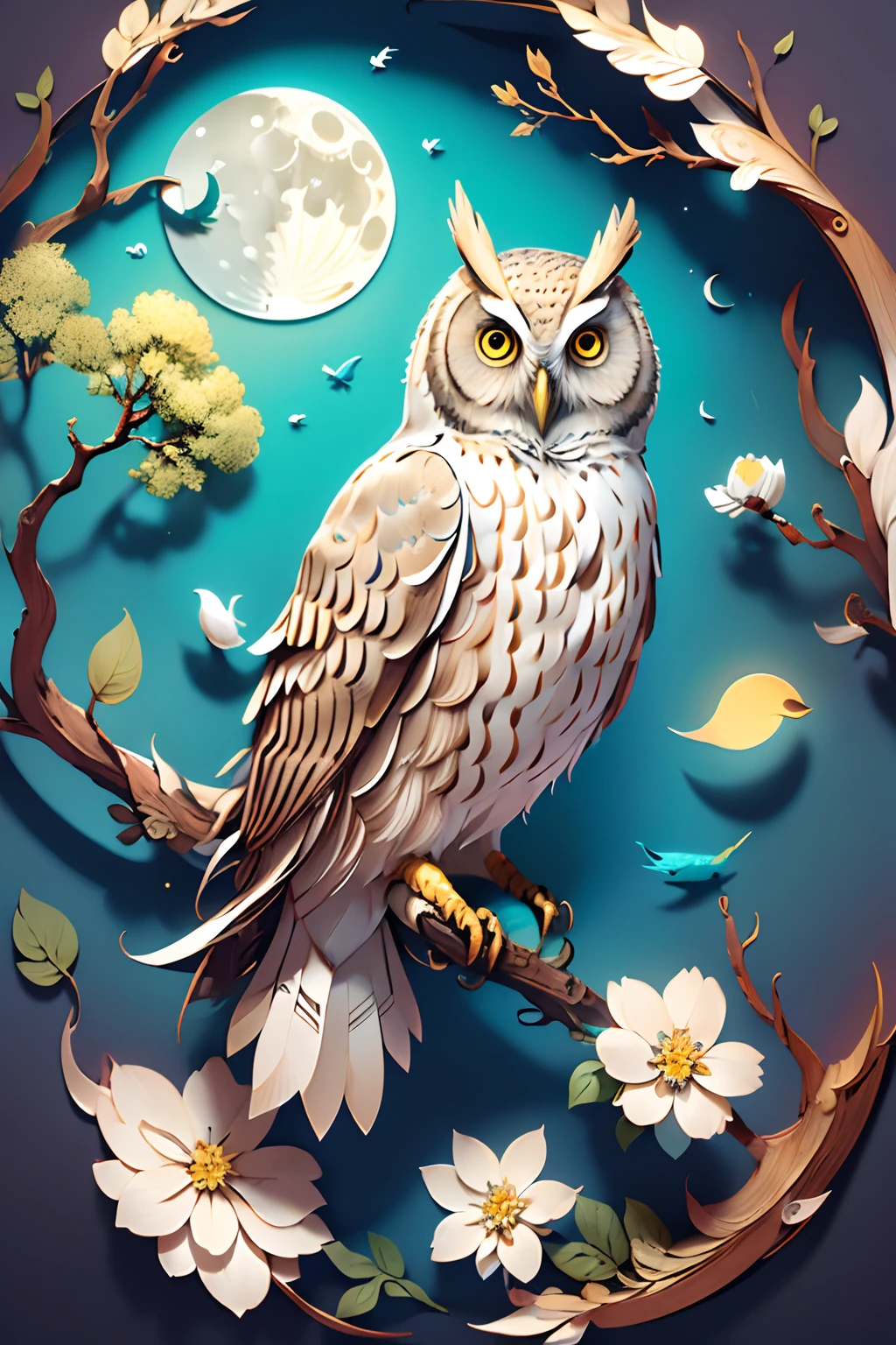 (((masterpiece))),bestquality,illustration,beautifuldetailedglow,
paper_cut, owl, tree,moon,