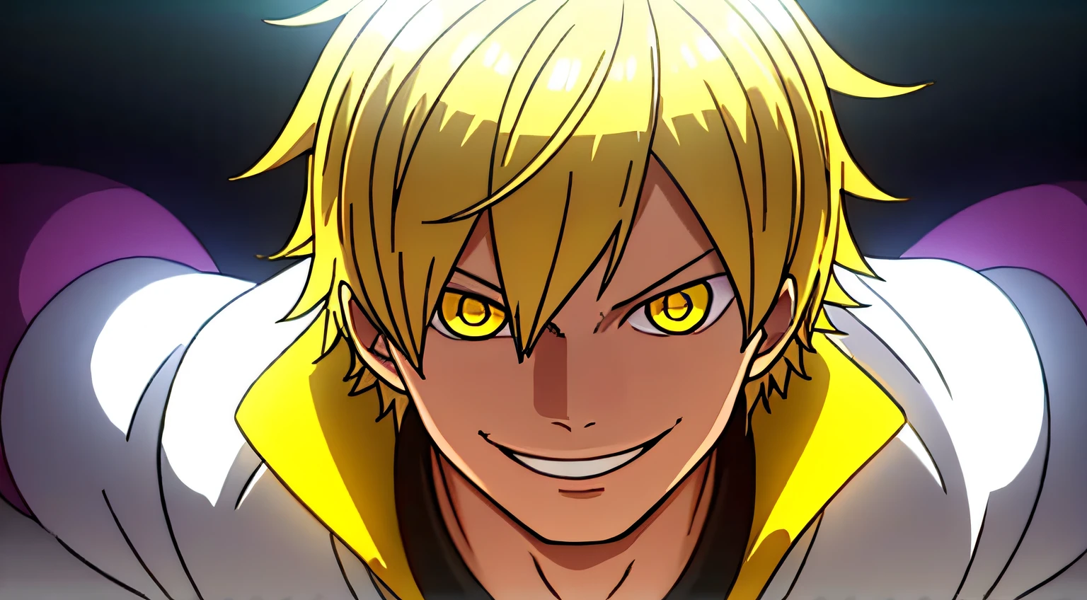 1boy, wanostyle, smiling, looking at viewer, solo, upper body, ((masterpiece)), (best quality), (extremely detailed), depth of field, sketch, sharp focus, soft lighting, hdr, colorful, good composition, sunny background, spectacular, black and yellow scientist coat, anime screencap, blonde hair, ready to fight, yellow eyes, young, detailed eyes, black outfit, short hair, happy