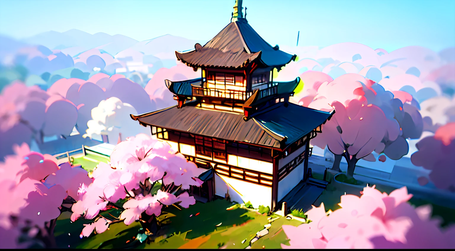 Describe an image of the picturesque Japanese village surrounded by cherry blossoms. ,
hyper-realistic, 8k, ultra hd, Pixar style, Japanese style, cinema 4d, --ar 3:2