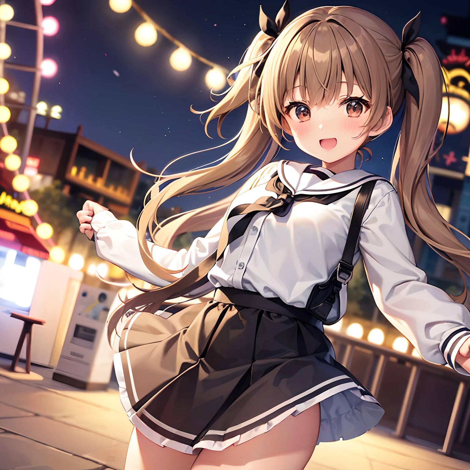 Light brown haired high school girl playing in amusement park at night、Twin tails with black ribbon、White sailor suit with long sleeves、Looks fun、sano、Laughing、With friends、