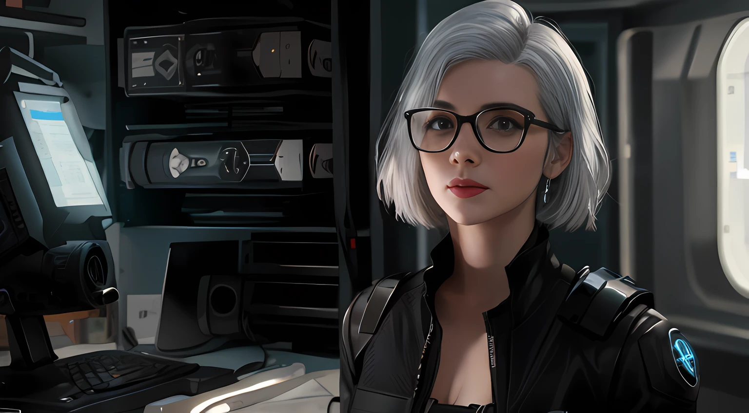 Da steht eine Frau mit Brille und schwarzer Jacke vor einem Computer, Gordon Freeman als Frau, Weibliche Hauptfigur, Cyborg - girl with silver hair, Weiblicher Charakter, ab Halbwertszeit 2, Weiblicher Solo-Charakter, Cinematic realistic portrait, nerdiges Aussehen, Dystopische Science-Fiction-Figur, Cinematic bust shot, Ein imperialer Agent aus Star Wars