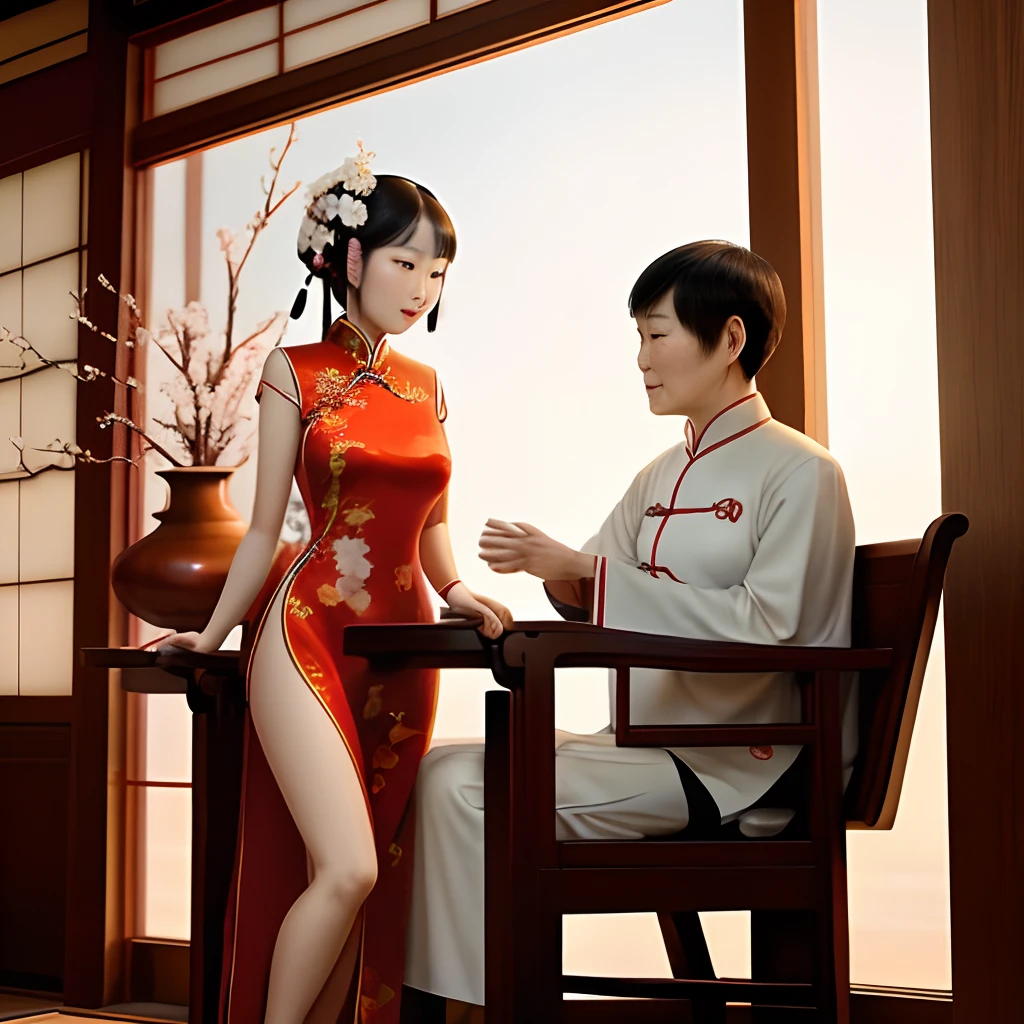 With a tall and very leggy Chinese woman in a cheongsam
Japan man with short stature