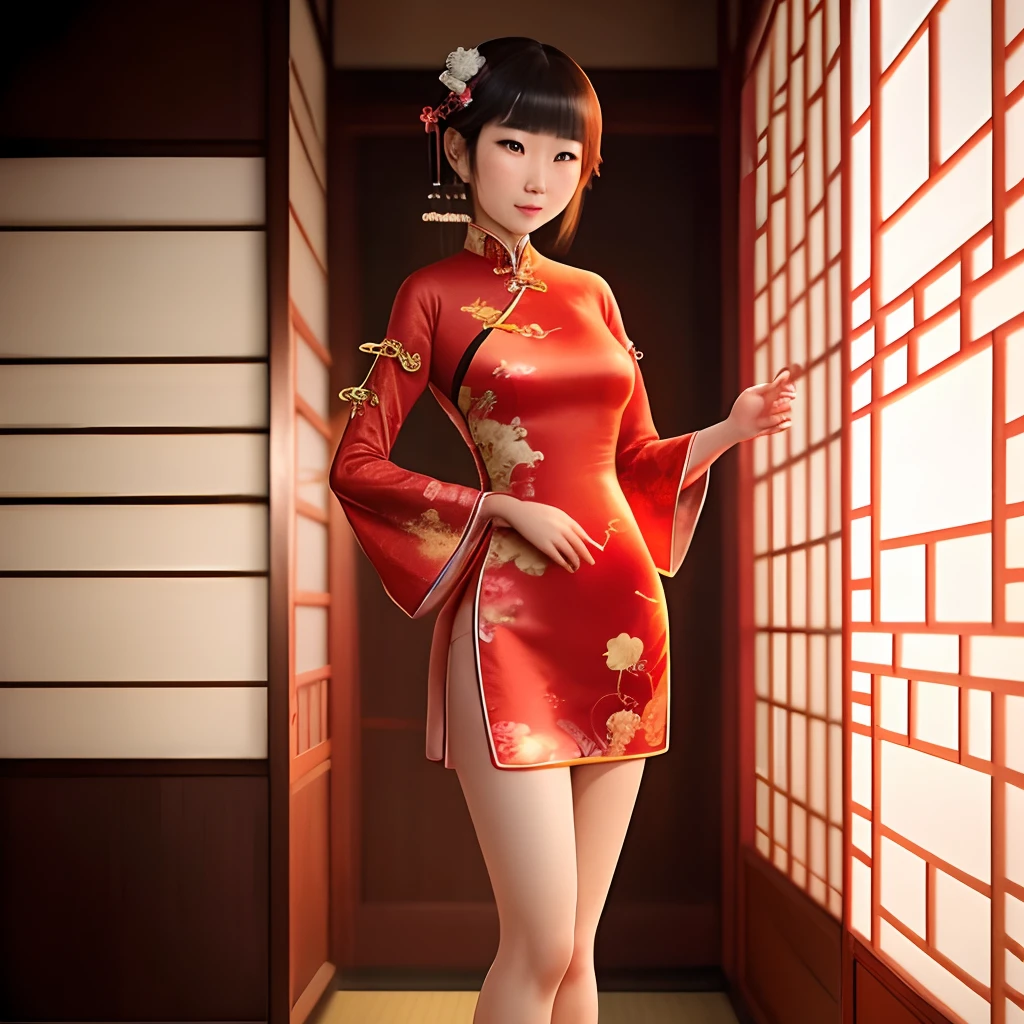 With a tall and very leggy Chinese woman in a cheongsam
Japan man with short stature