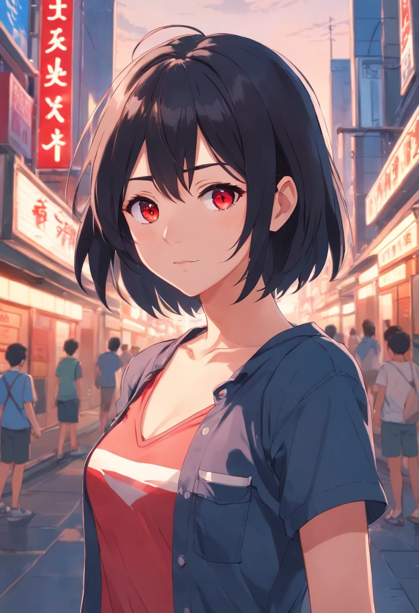 A good looking anime girl with black hair, red eyes. Give her jean shorts and a short black shirt
