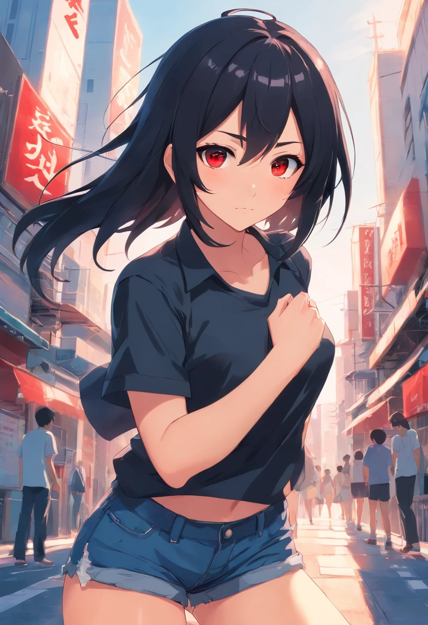 A good looking anime girl with black hair, red eyes. Give her jean shorts and a short black shirt
