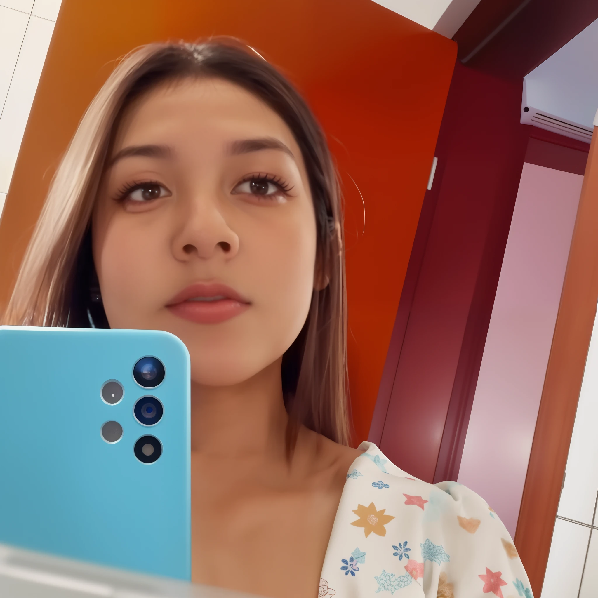 mulher arafed tirando uma selfie em frente a um espelho, selfie de uma jovem mulher, Fotografia selfie 8k, tiktok video, by Amelia Peláez, camera looking up at her, acidentalmente tirar uma selfie, she's facing the camera, selfie shot straight on angle, Looking directly at the camera, she is holding a smartphone, Isabela Moner