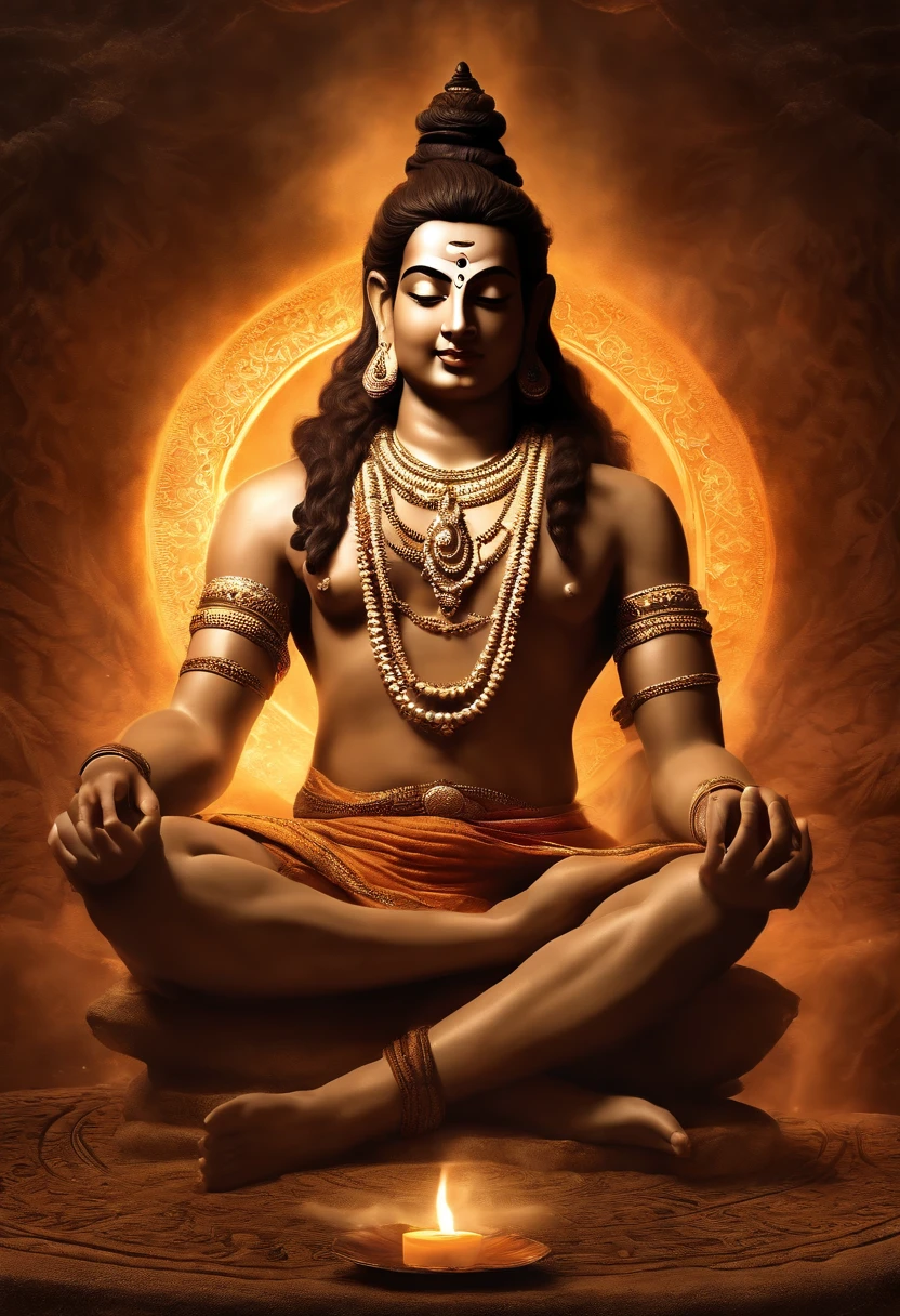 A hyperrealistic photo of Lord Shiva seated in Padmasana on a tiger skin rug, with his eyes closed in meditation. He is surrounded by a halo of light, and his body is covered in ash.
