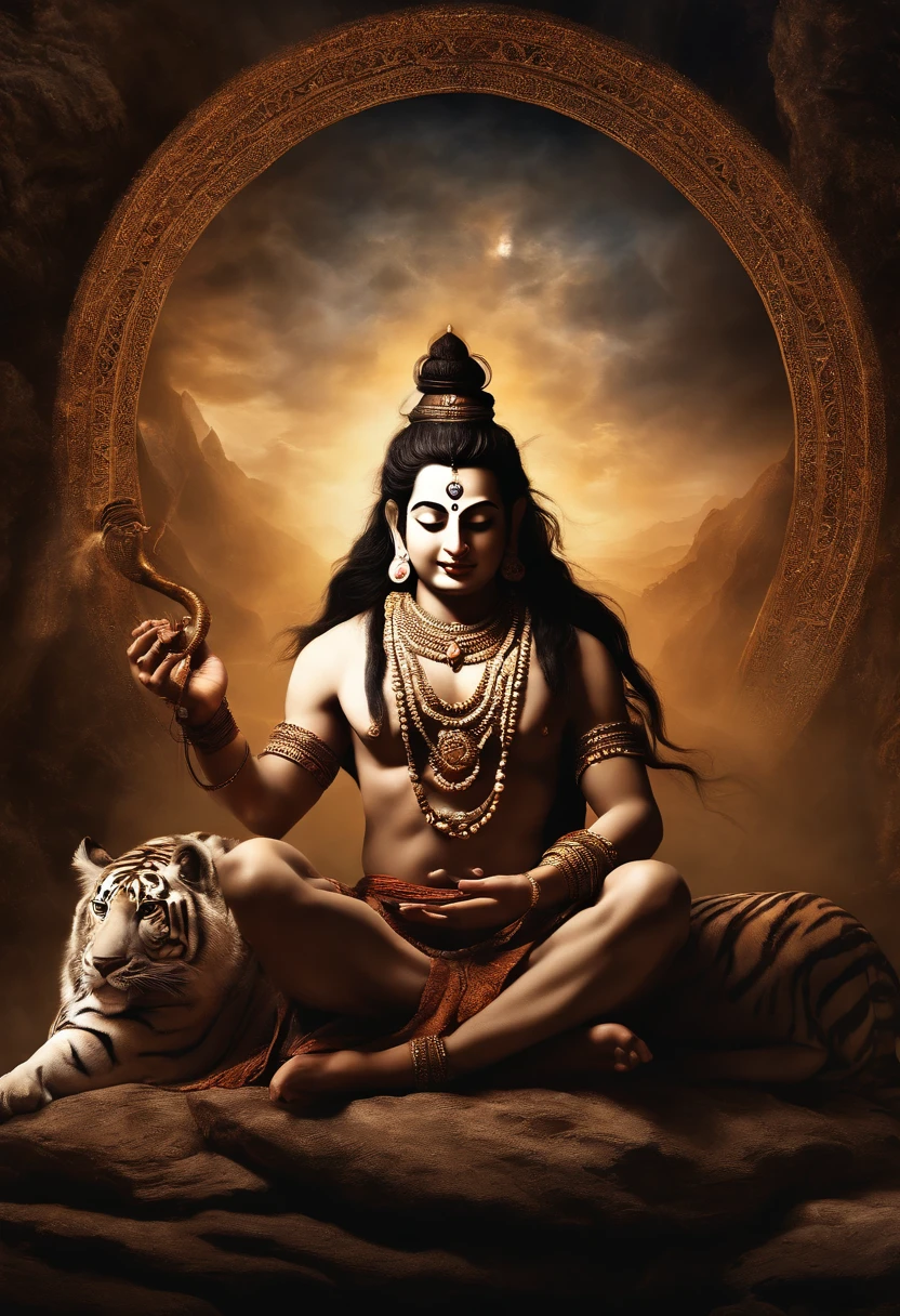 A hyperrealistic photo of Lord Shiva seated in Padmasana on a tiger skin rug, with his eyes closed in meditation. He is surrounded by a halo of light, and his body is covered in ash.