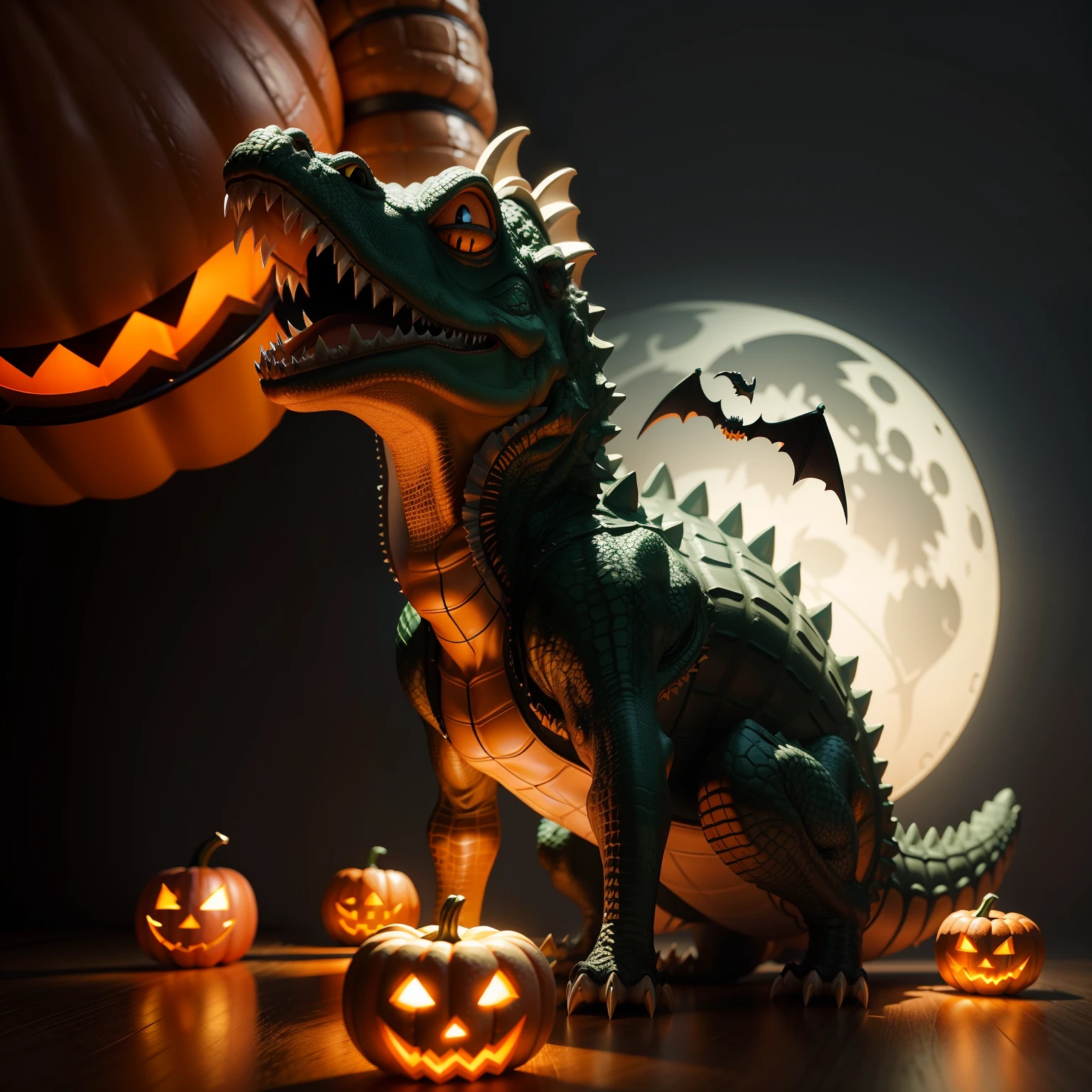 Halloween Crocodile，Middle element，（master-piece，bestquality：1.2），Best Lights，best shadows，Show background, stylized 3d render