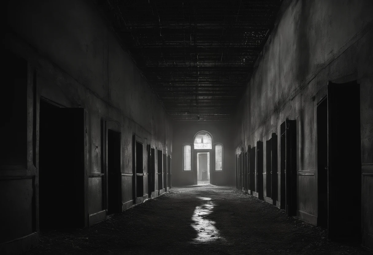 In the style of Hieronymus Bosch, liminal space, prison courtyard, empty, scary, dark, intricate linework, dreadful feeling, fear, scary presence, highres, ultra-detailed, realistic, horror, gloomy atmosphere, dim lighting, chilling vibes, haunting shadows, desolate landscape, towering prison walls, barbed wire fences, cracked concrete floor, eerie silence, foreboding atmosphere, abandoned objects, overgrown weeds, unsettling stillness, gothic architecture, oppressive atmosphere, heavy atmosphere, ominous clouds, moonlit sky, minimalistic color palette, cold colors, sharp contrast, menacing aura, hidden horrors, suffocating atmosphere, uneasy anticipation, supernatural elements, claustrophobic environment, twisted metal structures, discomforting presence, eerie emptiness, gloomy prison cells, lost hope, potential escape, lurking danger, suspenseful mood