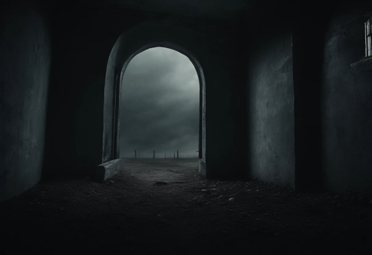 In the style of Hieronymus Bosch, liminal space, prison courtyard, empty, scary, dark, intricate linework, dreadful feeling, fear, scary presence, highres, ultra-detailed, realistic, horror, gloomy atmosphere, dim lighting, chilling vibes, haunting shadows, desolate landscape, towering prison walls, barbed wire fences, cracked concrete floor, eerie silence, foreboding atmosphere, abandoned objects, overgrown weeds, unsettling stillness, gothic architecture, oppressive atmosphere, heavy atmosphere, ominous clouds, moonlit sky, minimalistic color palette, cold colors, sharp contrast, menacing aura, hidden horrors, suffocating atmosphere, uneasy anticipation, supernatural elements, claustrophobic environment, twisted metal structures, discomforting presence, eerie emptiness, gloomy prison cells, lost hope, potential escape, lurking danger, suspenseful mood
