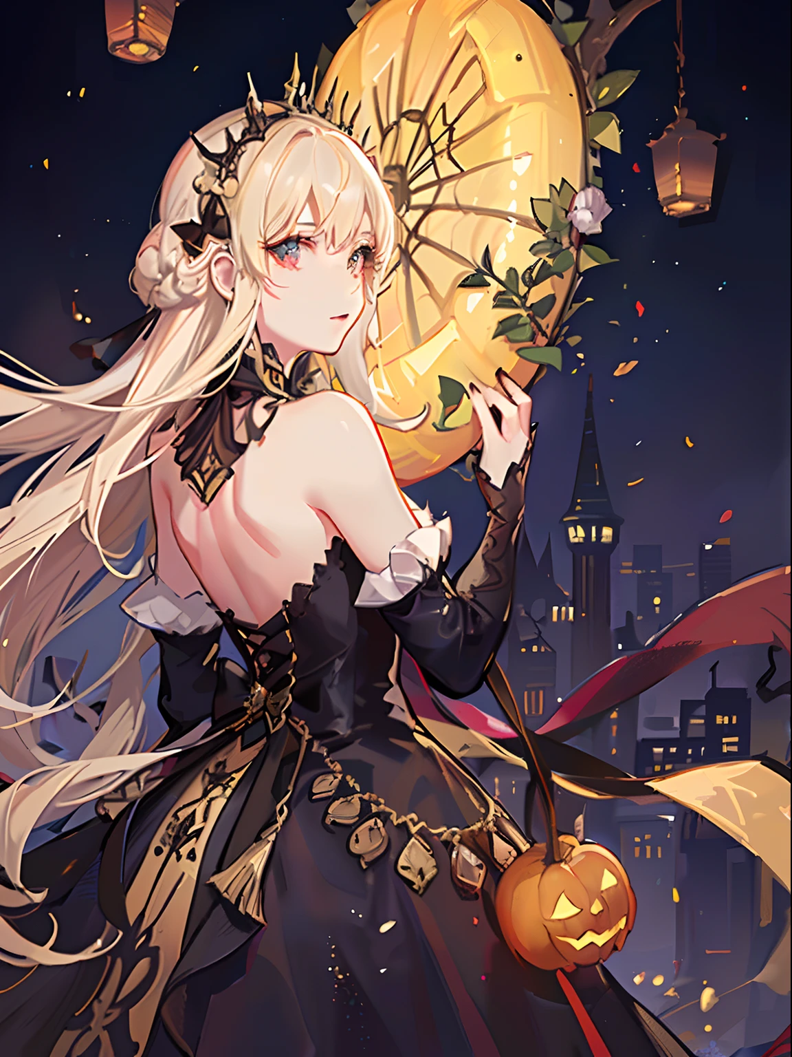 Jack-o'-lantern, Medieval European cityscape on Halloween,  A blonde girl in a dress of pearls, Her hair runs down her back, Transparent cloth dress shimmering in the light.